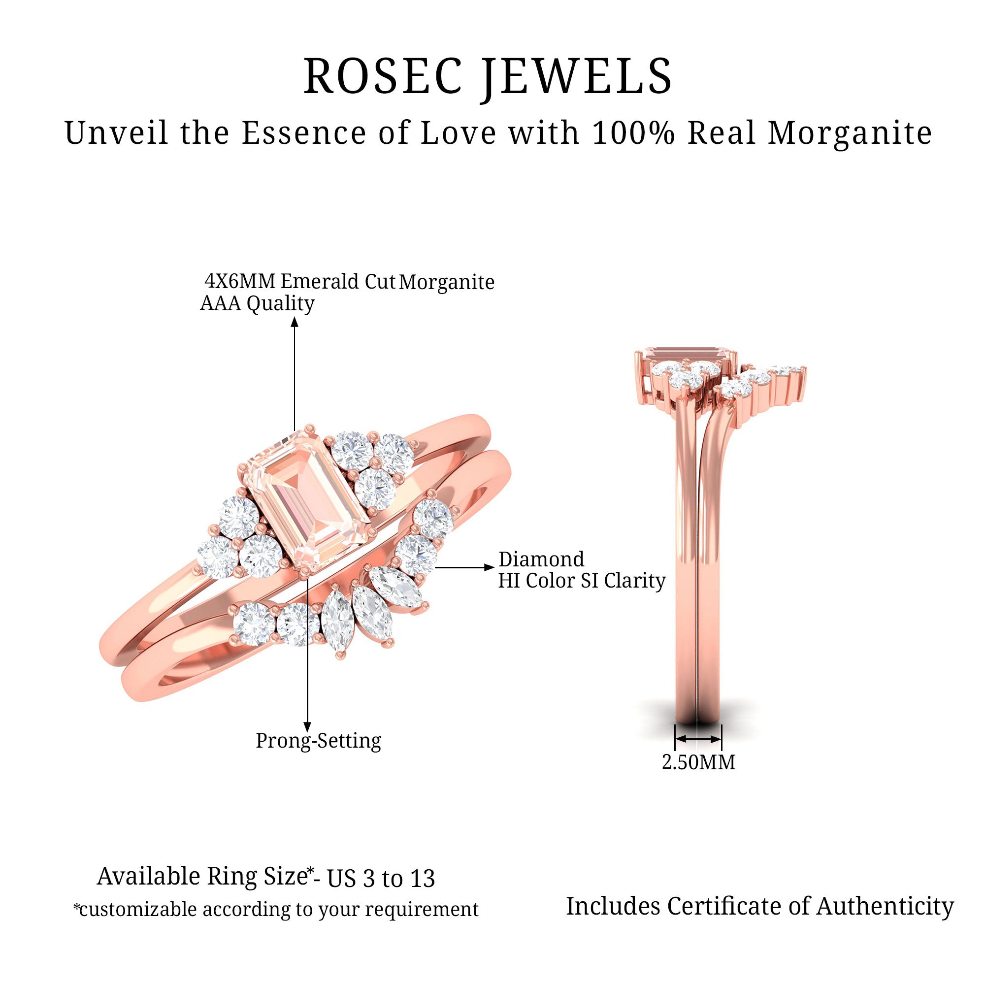 Emerald Cut Morganite Solitaire Stackable Ring Set with Diamond Morganite - ( AAA ) - Quality - Rosec Jewels