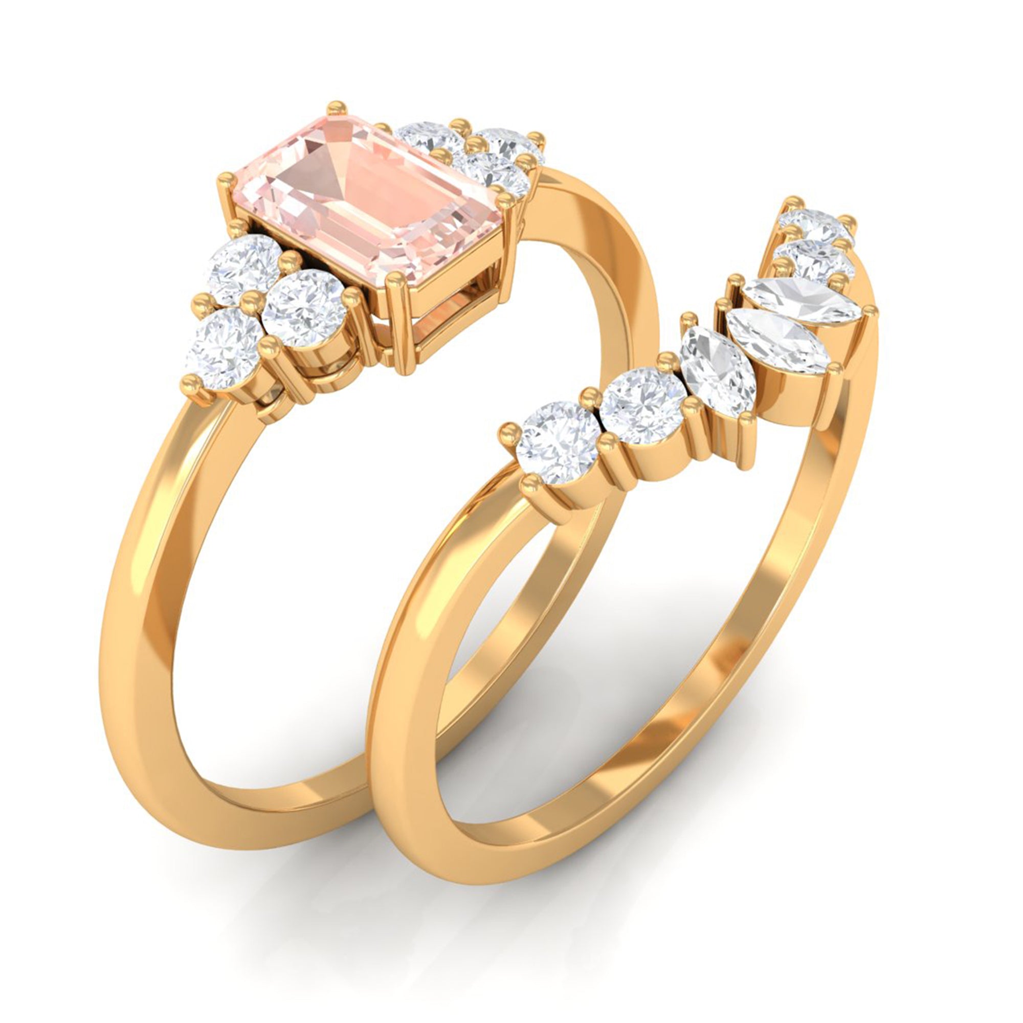 Emerald Cut Morganite Solitaire Stackable Ring Set with Diamond Morganite - ( AAA ) - Quality - Rosec Jewels