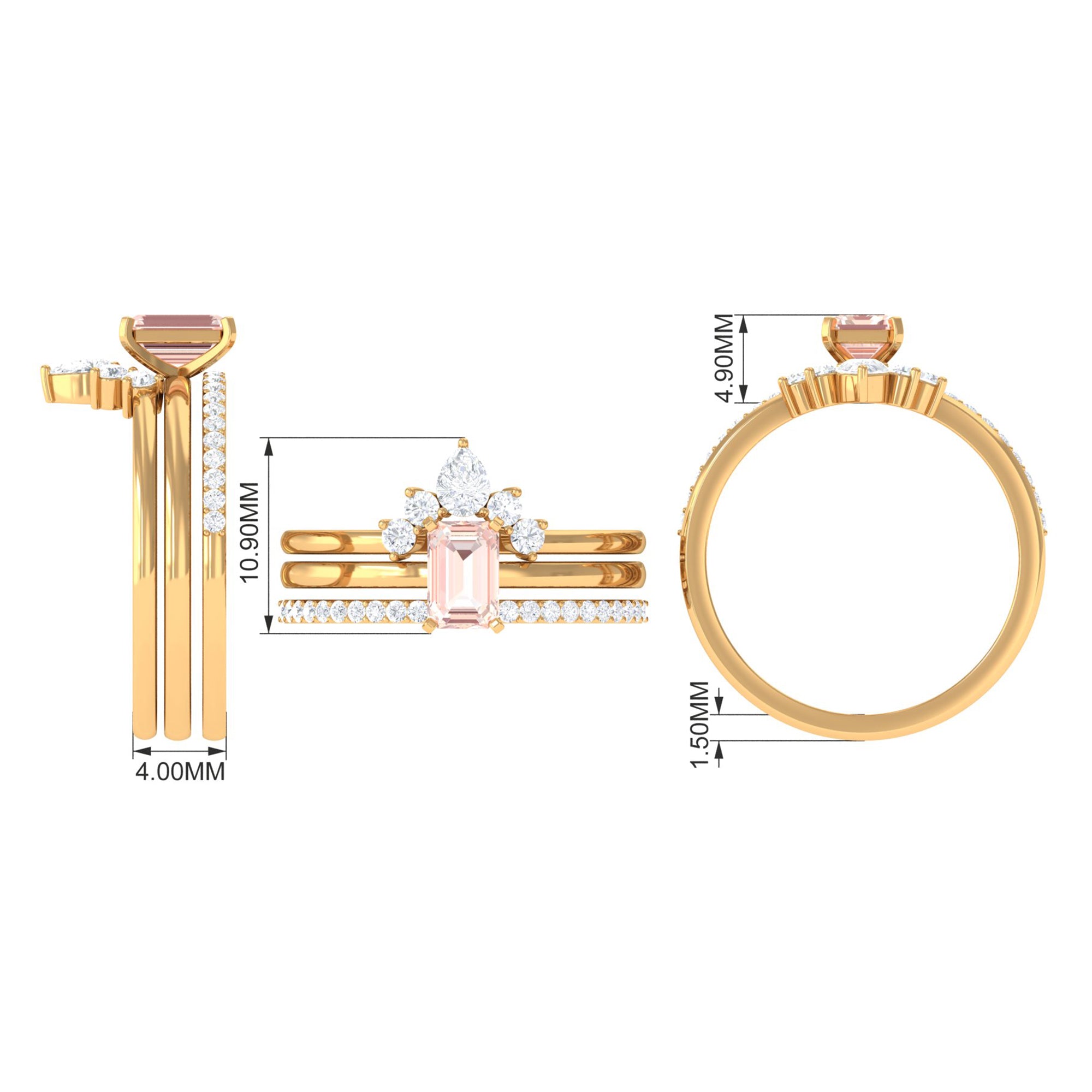Rosec Jewels-Emerald Cut Morganite Solitaire Ring Set of 3 with Diamond