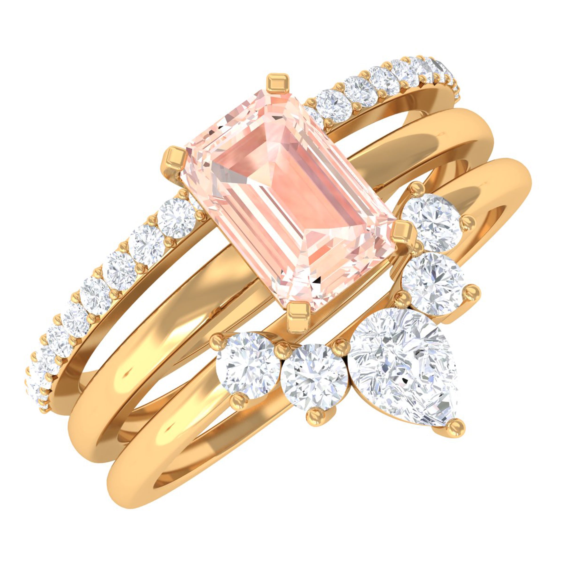 Rosec Jewels-Emerald Cut Morganite Solitaire Ring Set of 3 with Diamond