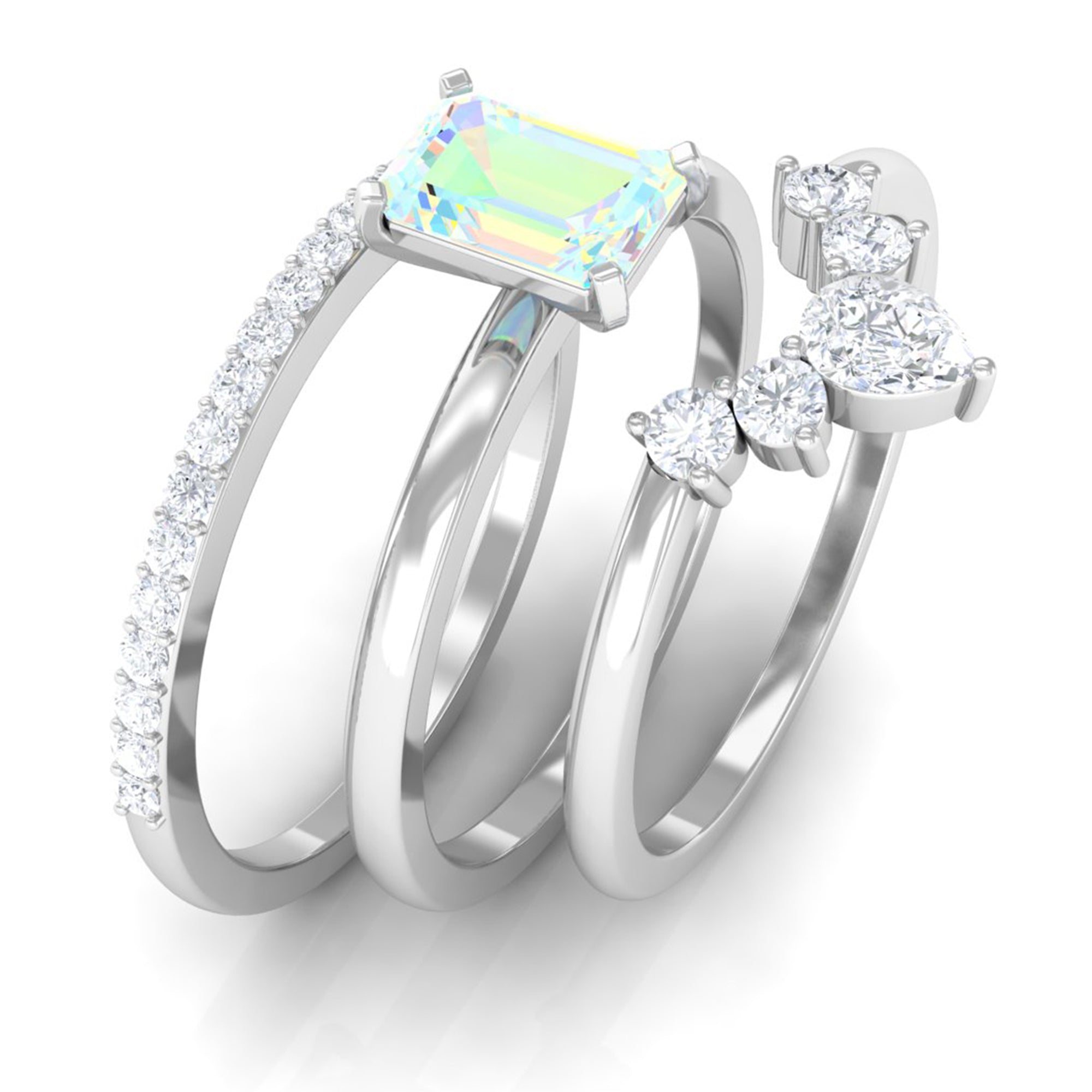 Solitaire Ethiopian Opal Trio Wedding Ring Set with Moissanite Ethiopian Opal - ( AAA ) - Quality - Rosec Jewels