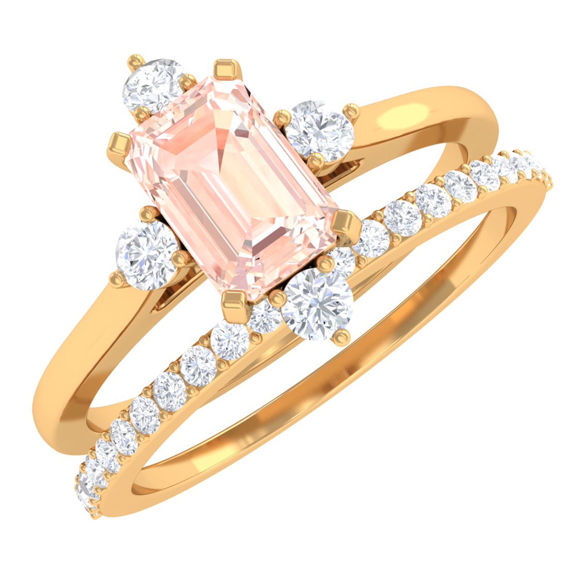 1.25 Carat Emerald Cut Morganite Solitaire Ring Set with Diamond Morganite - ( AAA ) - Quality - Rosec Jewels