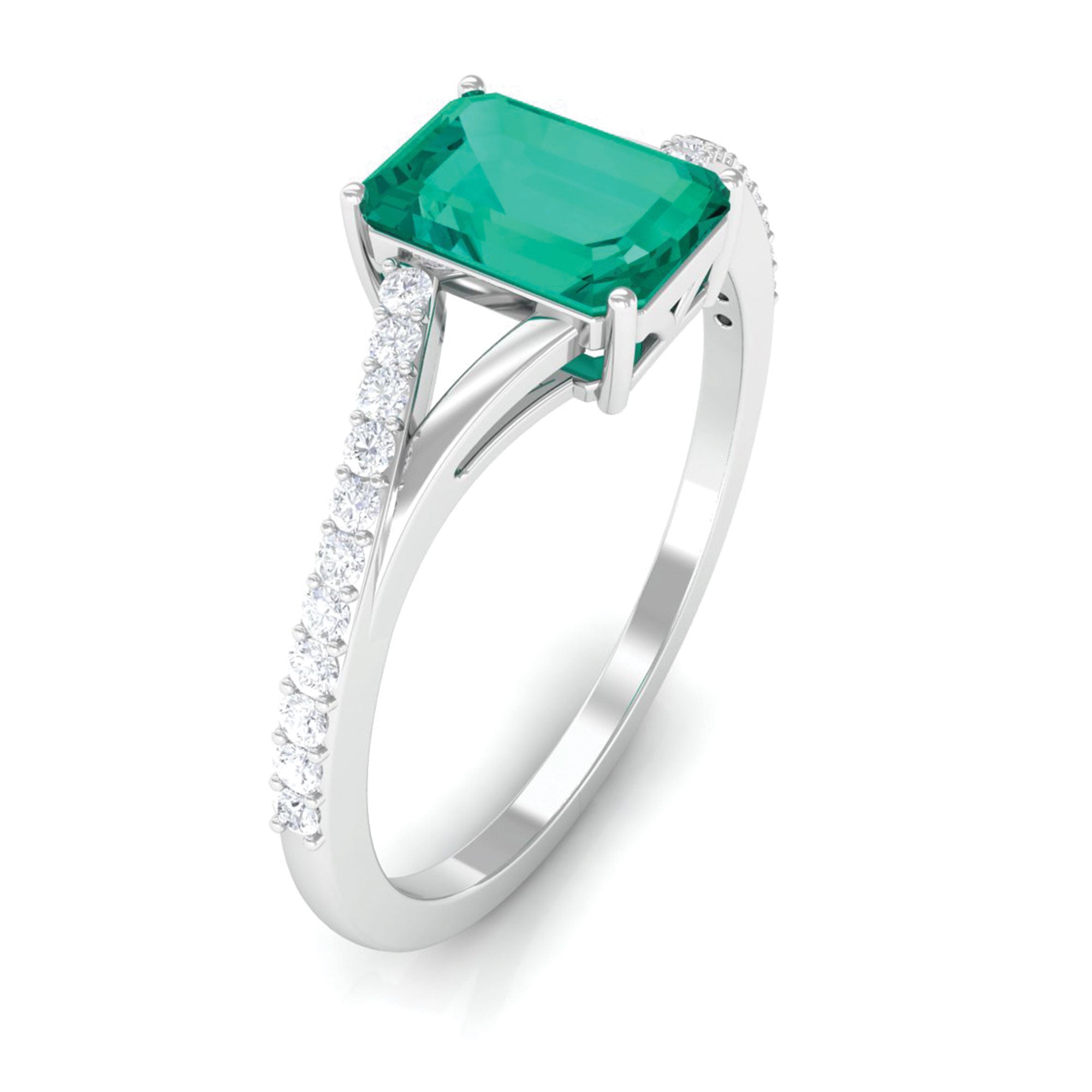 Octagon shape Emerald Solitaire Ring with Diamond Split Shank Emerald - ( AAA ) - Quality - Rosec Jewels