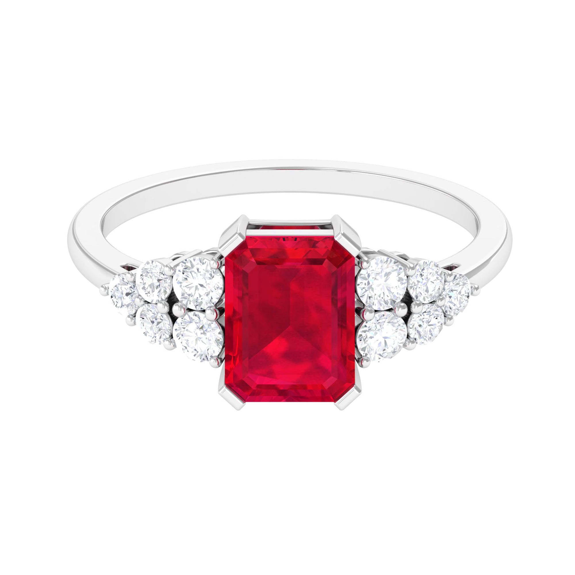 Emerald Cut Created Ruby and Diamond Designer Engagement Ring Lab Created Ruby - ( AAAA ) - Quality - Rosec Jewels