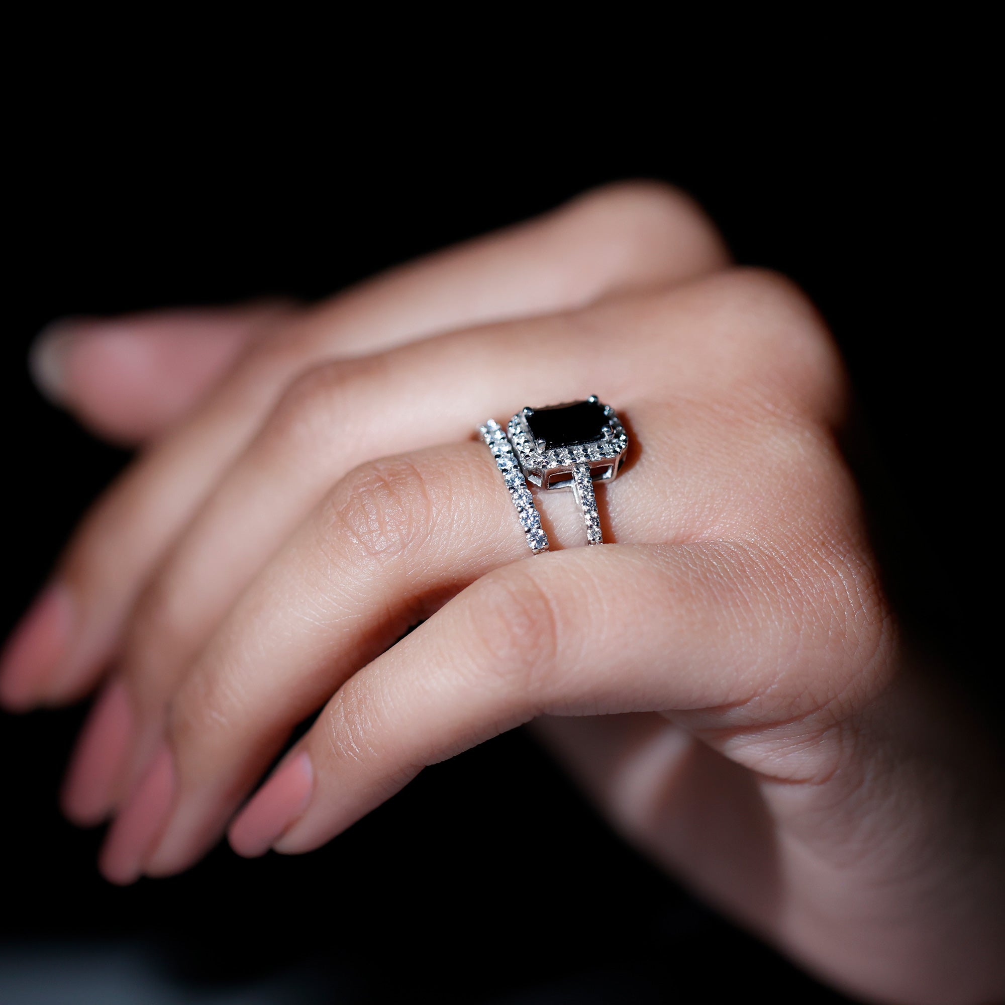 Real Black Onyx and Moissanite Stackable Ring Set Black Onyx - ( AAA ) - Quality 92.5 Sterling Silver 9 - Rosec Jewels