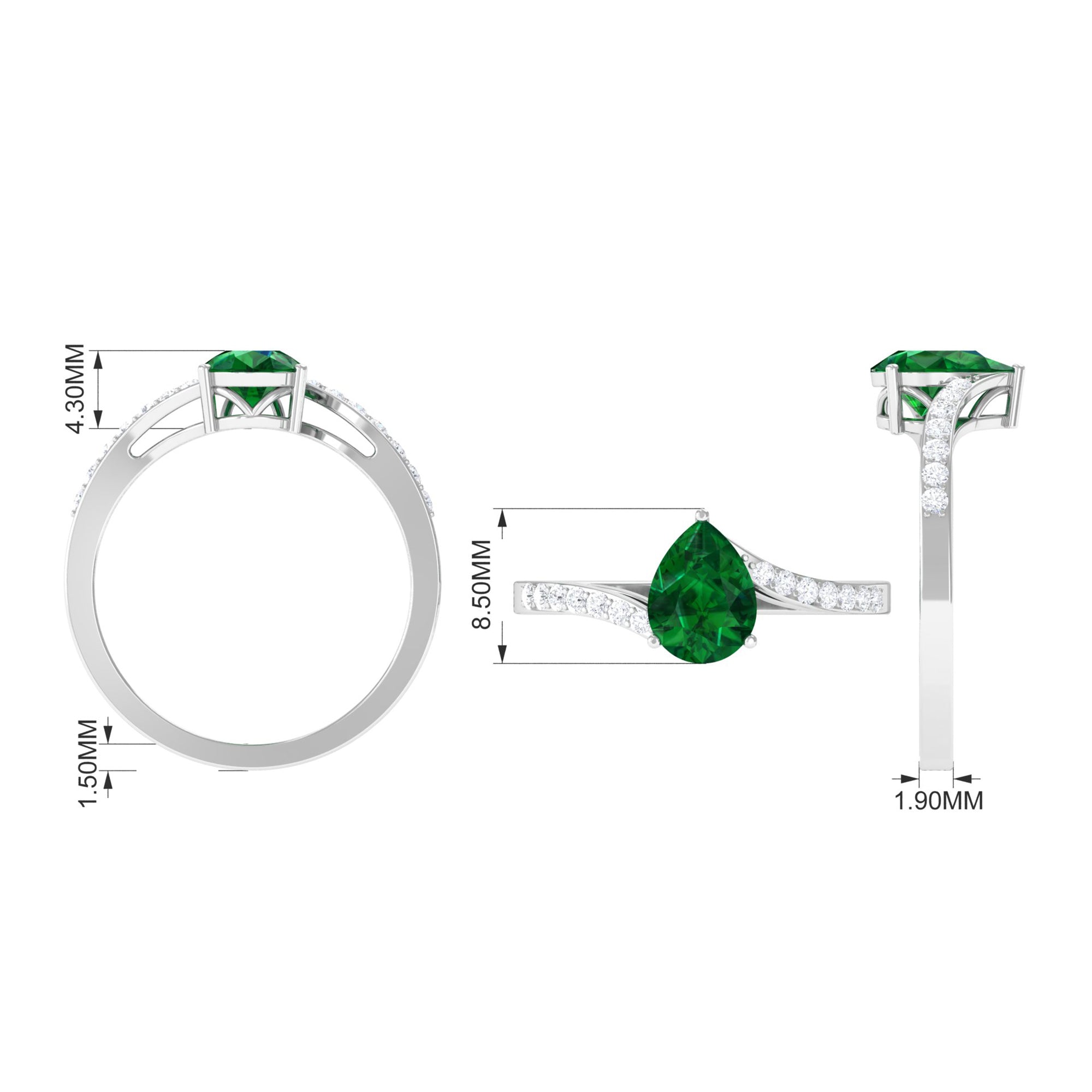 1.25 CT Pear Lab Created Emerald Solitaire Bypass Ring with Diamond Lab Created Emerald - ( AAAA ) - Quality - Rosec Jewels