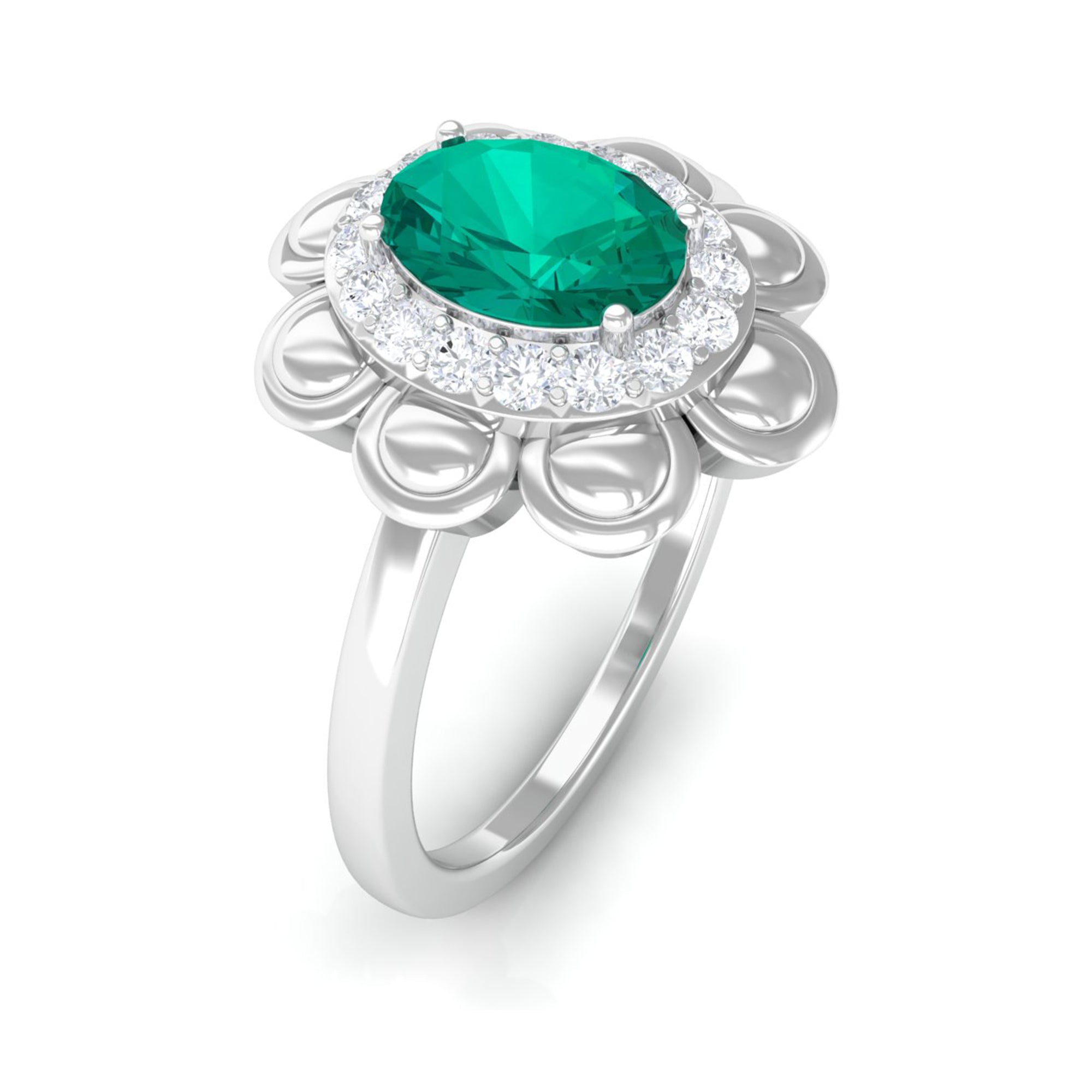 Oval Shape Emerald Flower Engagement Ring with Diamond Halo Emerald - ( AAA ) - Quality - Rosec Jewels