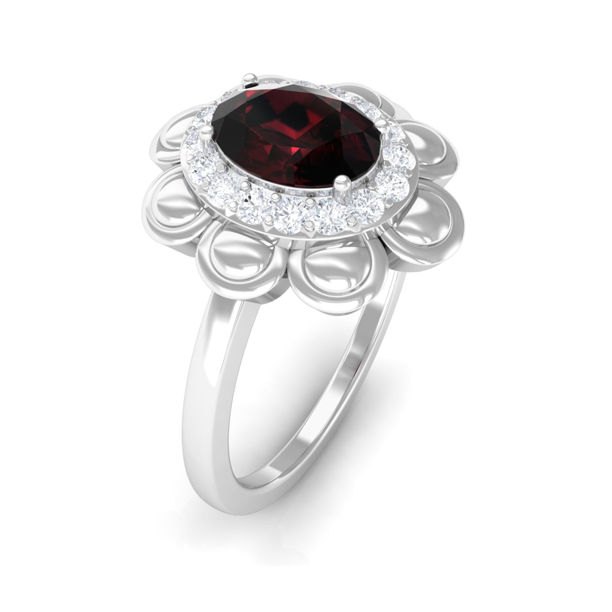 Oval Shape Garnet Flower Engagement Ring with Diamond Halo Garnet - ( AAA ) - Quality - Rosec Jewels