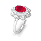 Oval Shape Lab Grown Ruby Floral Ring with Diamond Halo Lab Created Ruby - ( AAAA ) - Quality - Rosec Jewels