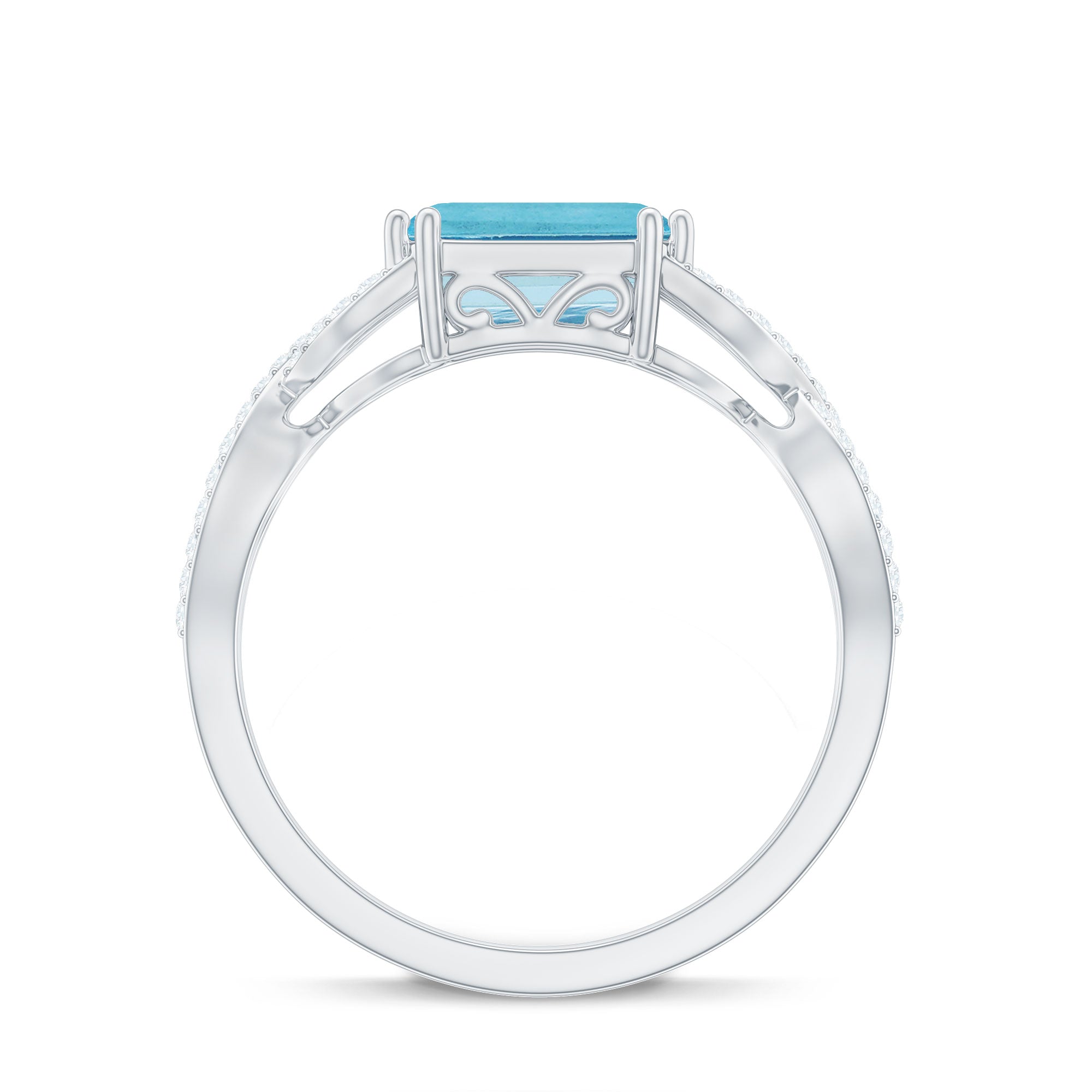 Emerald Cut Aquamarine East West Crossover Ring with Diamond Aquamarine - ( AAA ) - Quality - Rosec Jewels