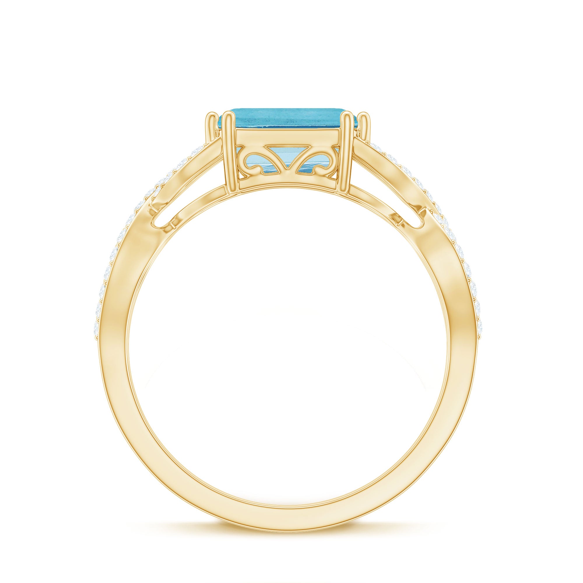 Emerald Cut Aquamarine East West Crossover Ring with Diamond Aquamarine - ( AAA ) - Quality - Rosec Jewels