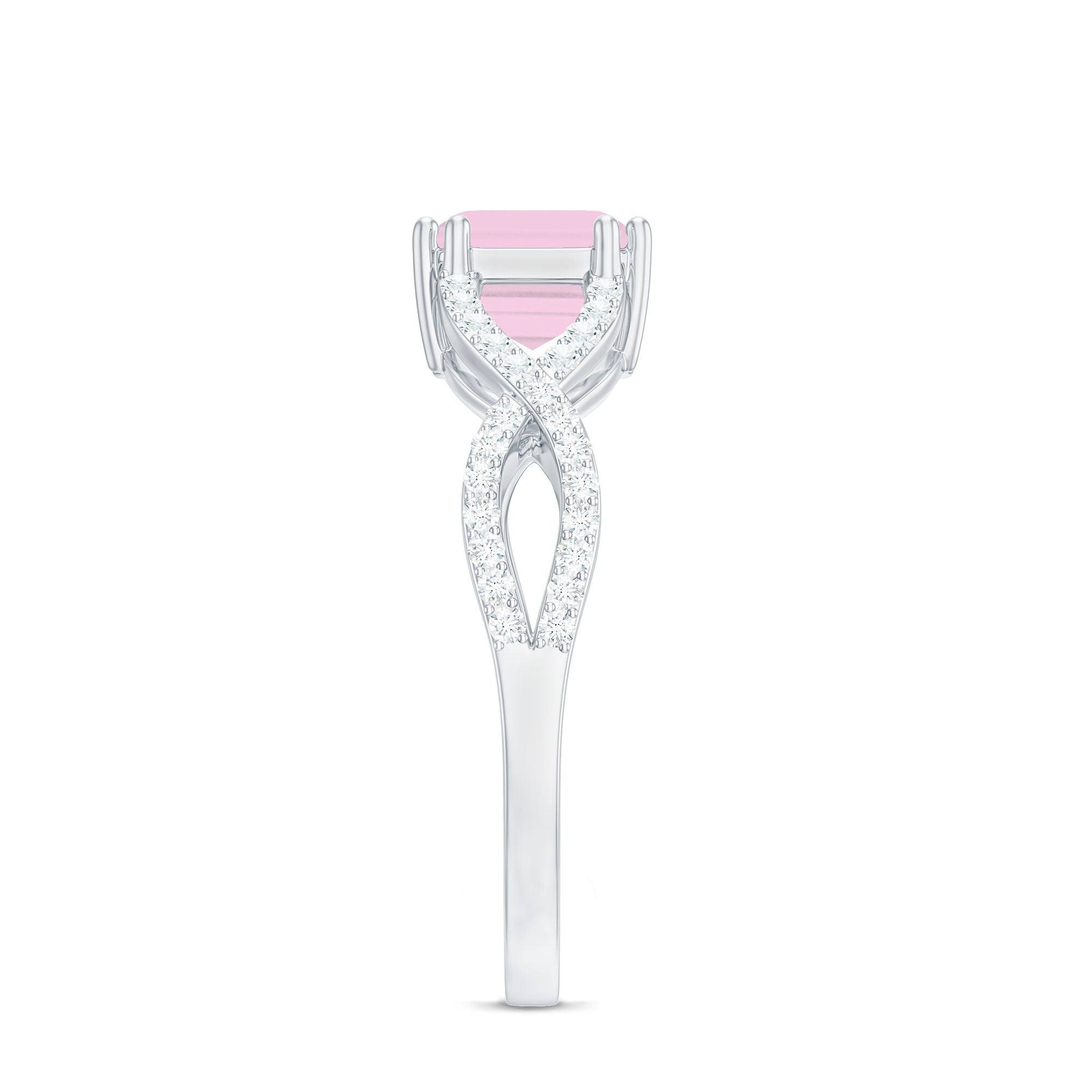 Emerald Cut Rose Quartz East West Crossover Ring with Diamond Rose Quartz - ( AAA ) - Quality - Rosec Jewels