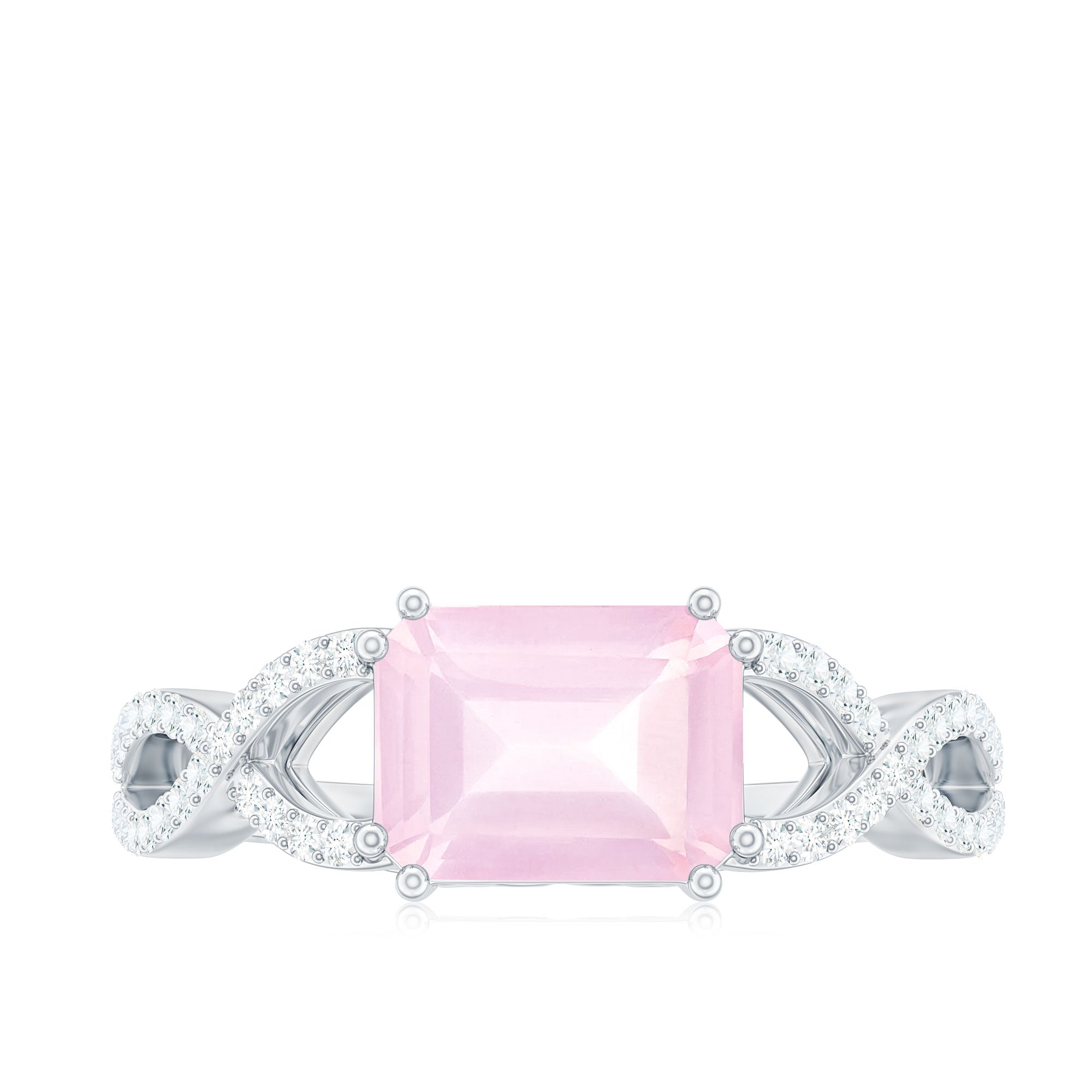 Emerald Cut Rose Quartz East West Crossover Ring with Diamond Rose Quartz - ( AAA ) - Quality - Rosec Jewels