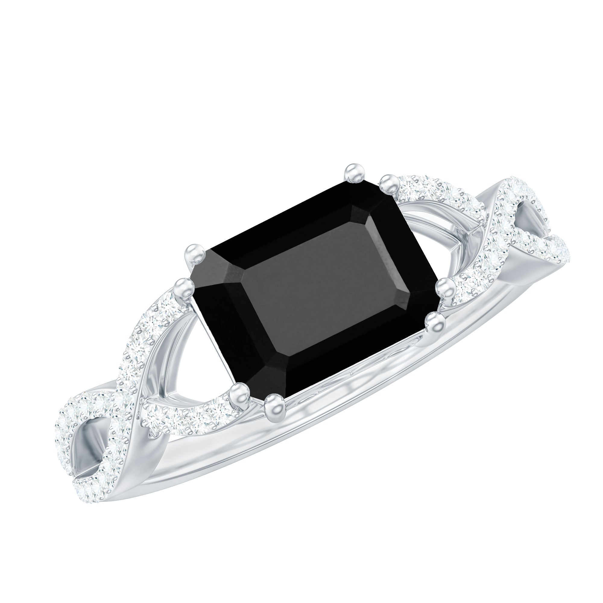 Octagon Black Spinel East-West Crossover Engagement Ring with Diamond Black Spinel - ( AAA ) - Quality - Rosec Jewels