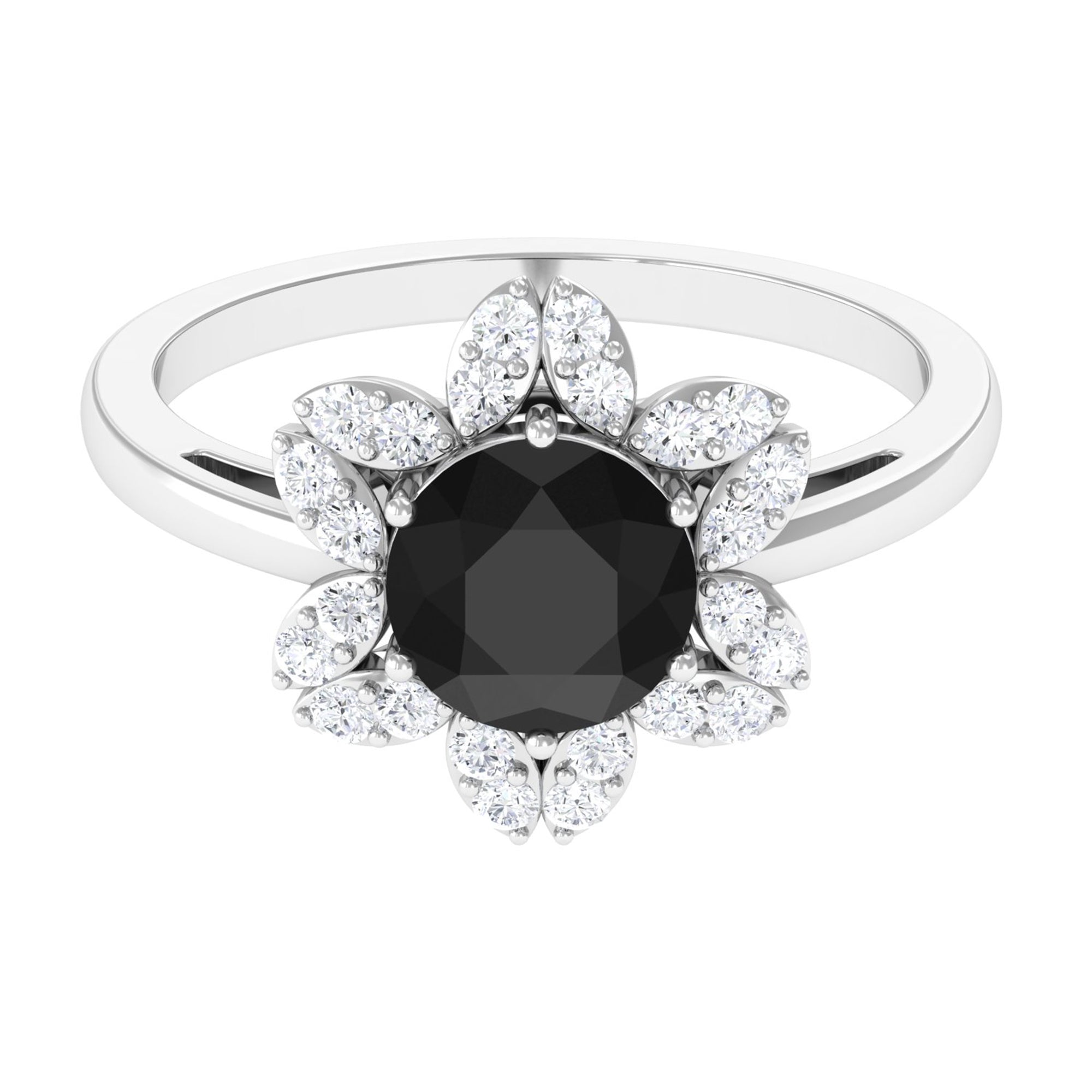 Rosec Jewels-2.25 CT Created Black Diamond Flower Halo Ring with Diamond