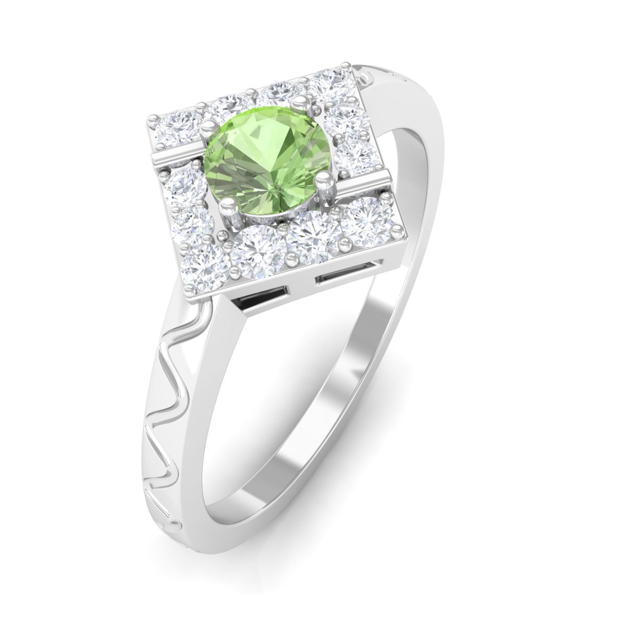 Real Green Sapphire and Diamond Ring with Textured Details Green Sapphire - ( AAA ) - Quality - Rosec Jewels