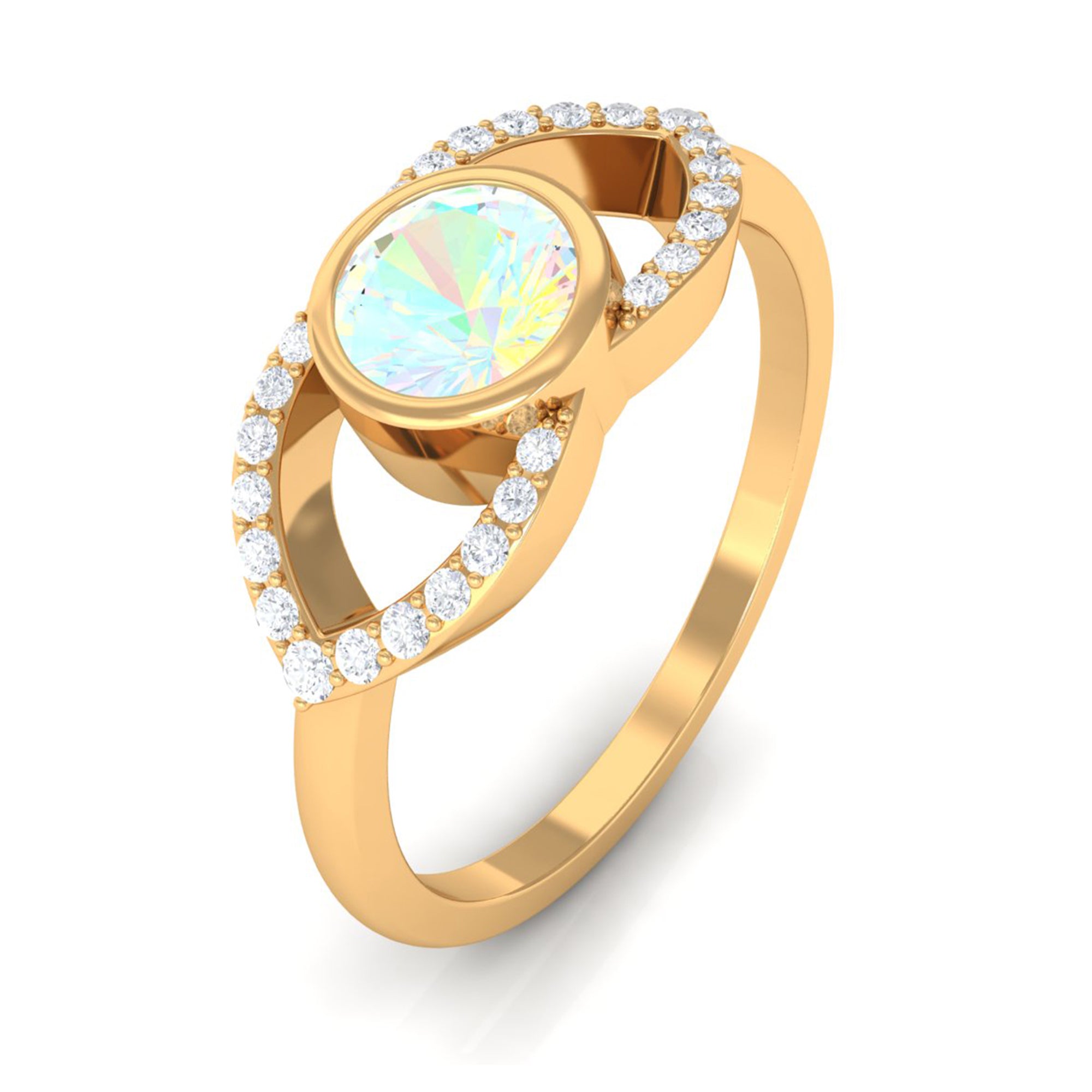 3/4 CT Bezel Set Ethiopian Opal Split Shank Engagement Ring with Diamond Accent Ethiopian Opal - ( AAA ) - Quality - Rosec Jewels