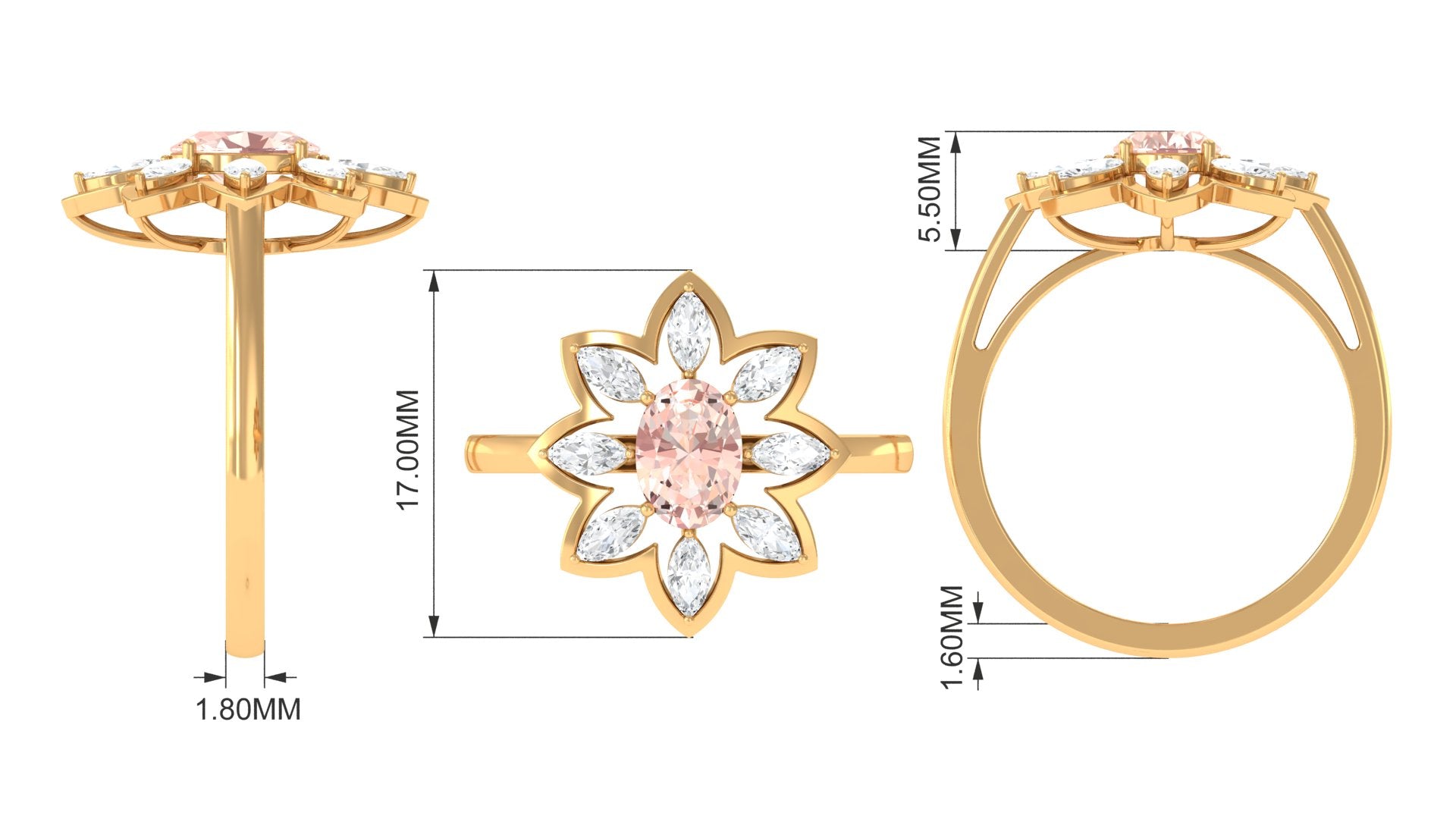 Oval Morganite Flower Cocktail Ring with Moissanite Morganite - ( AAA ) - Quality - Rosec Jewels