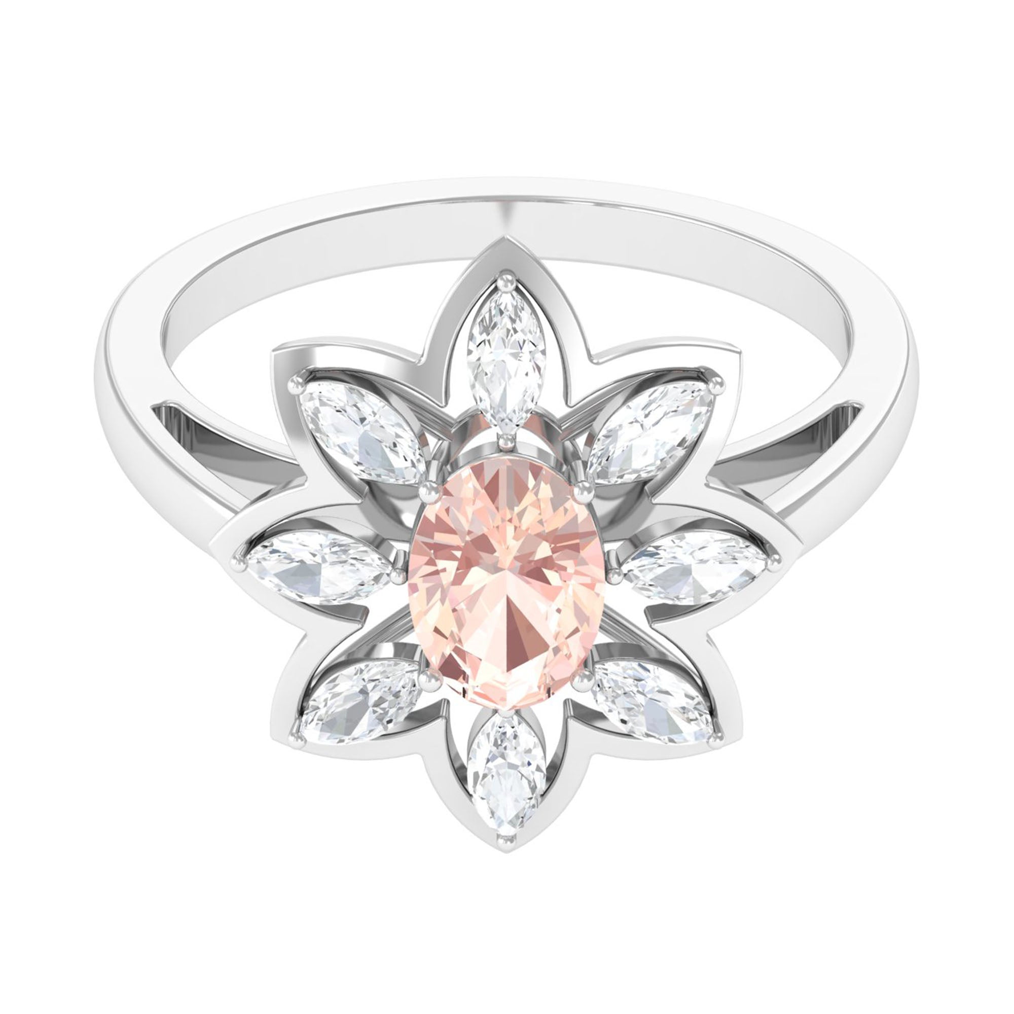 Rosec Jewels-Oval Morganite Flower Cocktail Ring with Moissanite