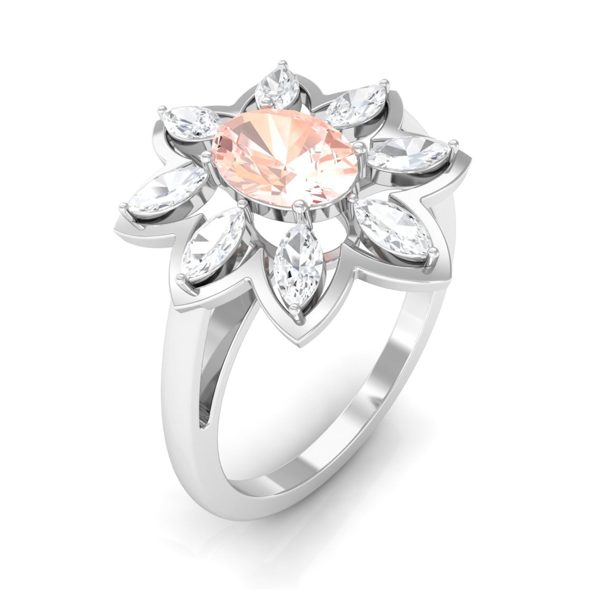 Oval Morganite Flower Cocktail Ring with Moissanite Morganite - ( AAA ) - Quality - Rosec Jewels