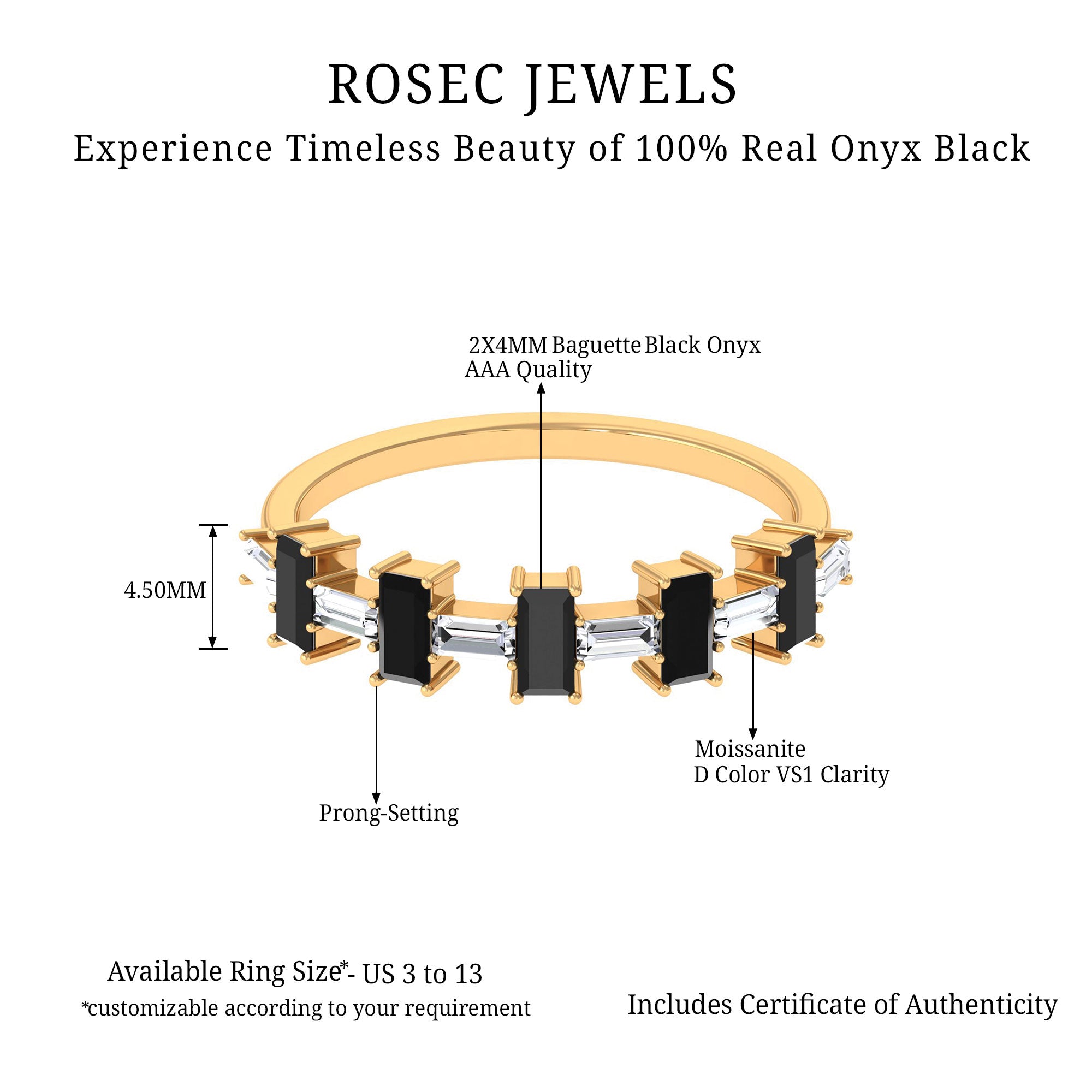 2.75 CT Black Onyx and Moissanite East West Half Eternity Ring Black Onyx - ( AAA ) - Quality - Rosec Jewels