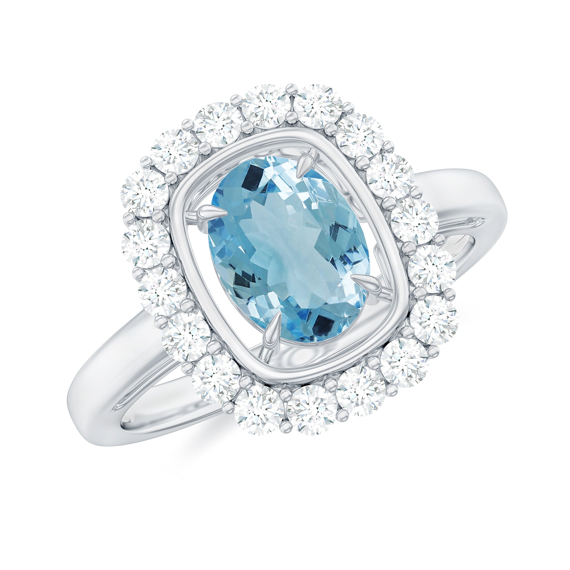 Aquamarine Halo Engagement Ring with Diamond Aquamarine - ( AAA ) - Quality - Rosec Jewels