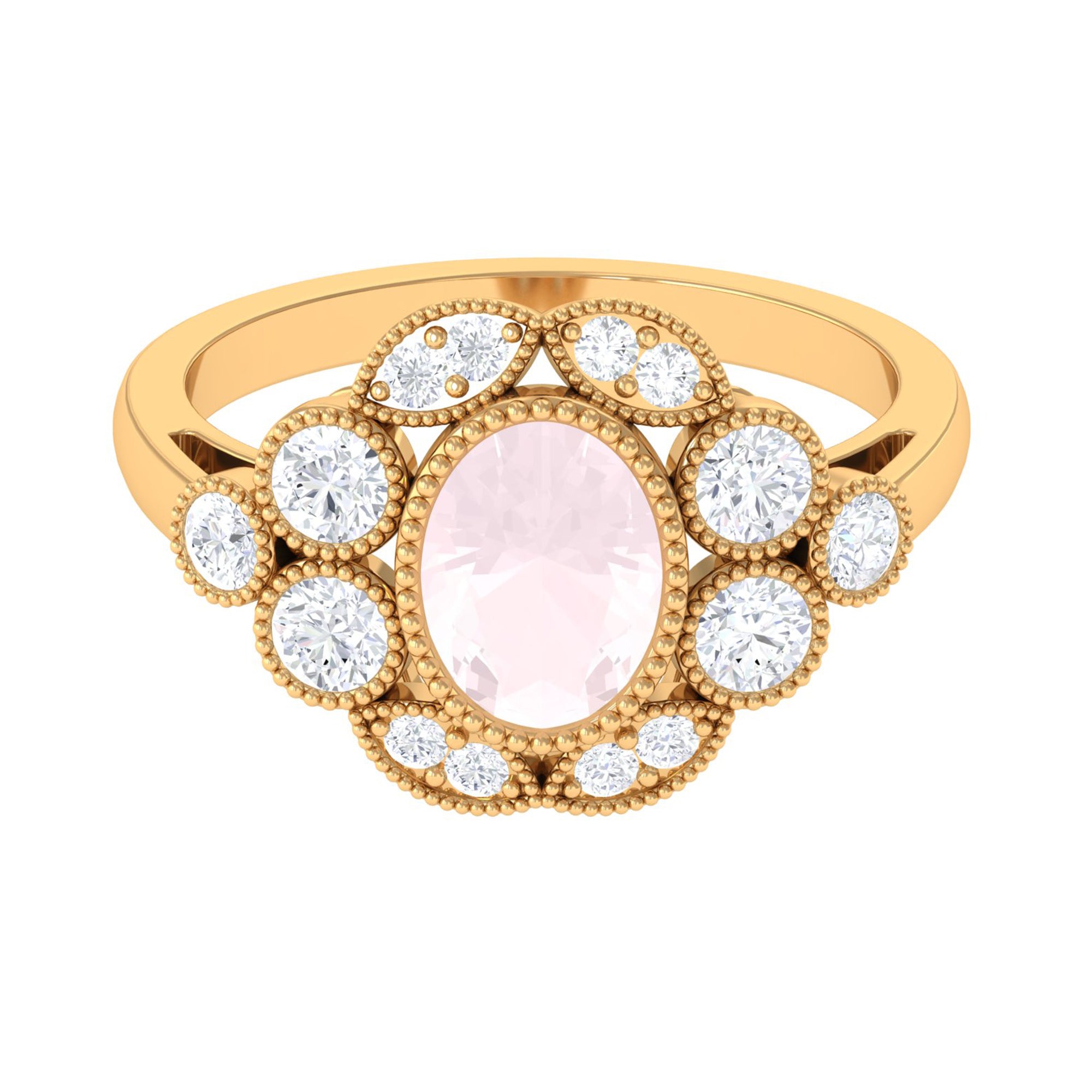 Oval Rose Quartz Statement Engagement Ring with Moissanite Halo Rose Quartz - ( AAA ) - Quality - Rosec Jewels