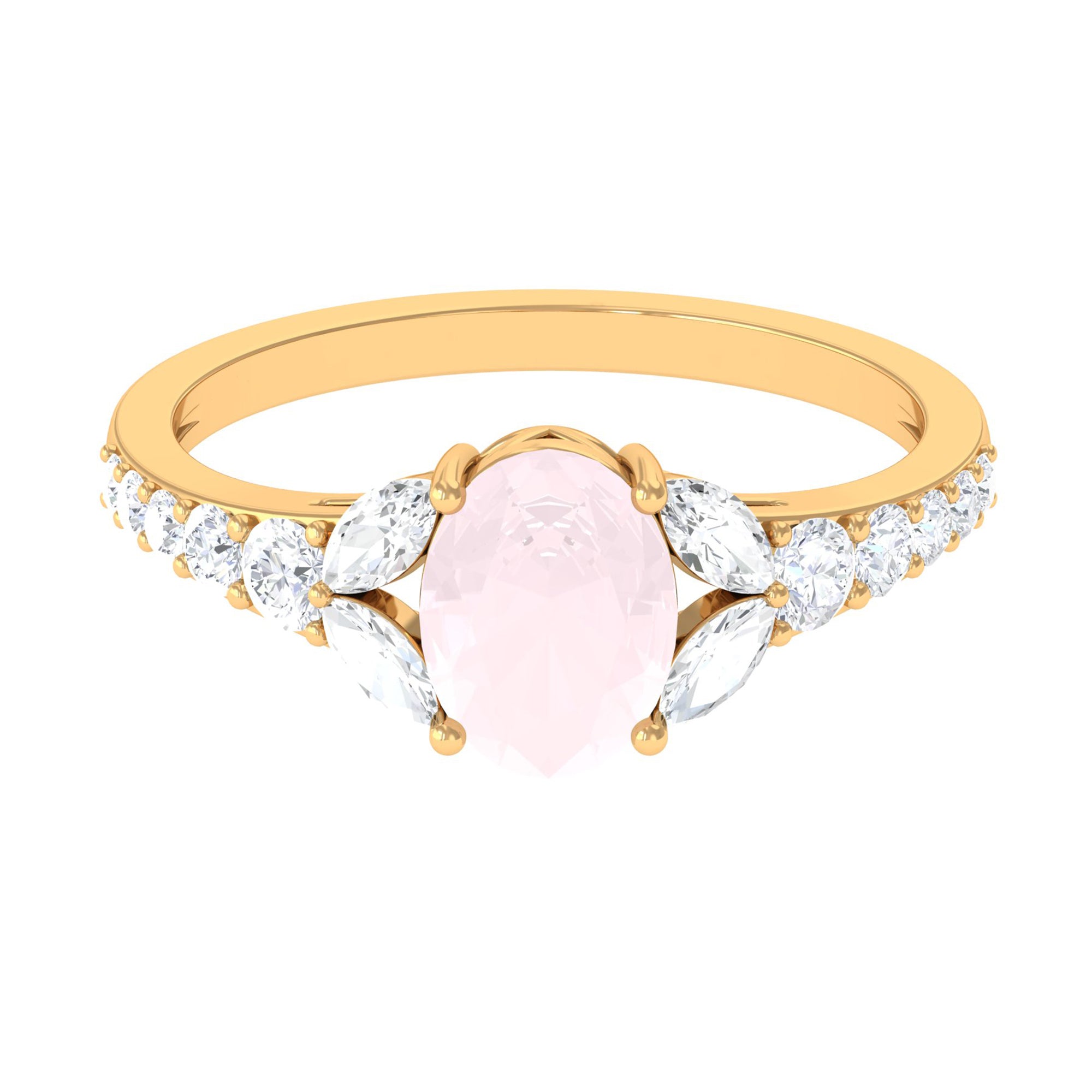 Split Shank Oval Rose Quartz Solitaire Engagement Ring with Moissanite Rose Quartz - ( AAA ) - Quality - Rosec Jewels