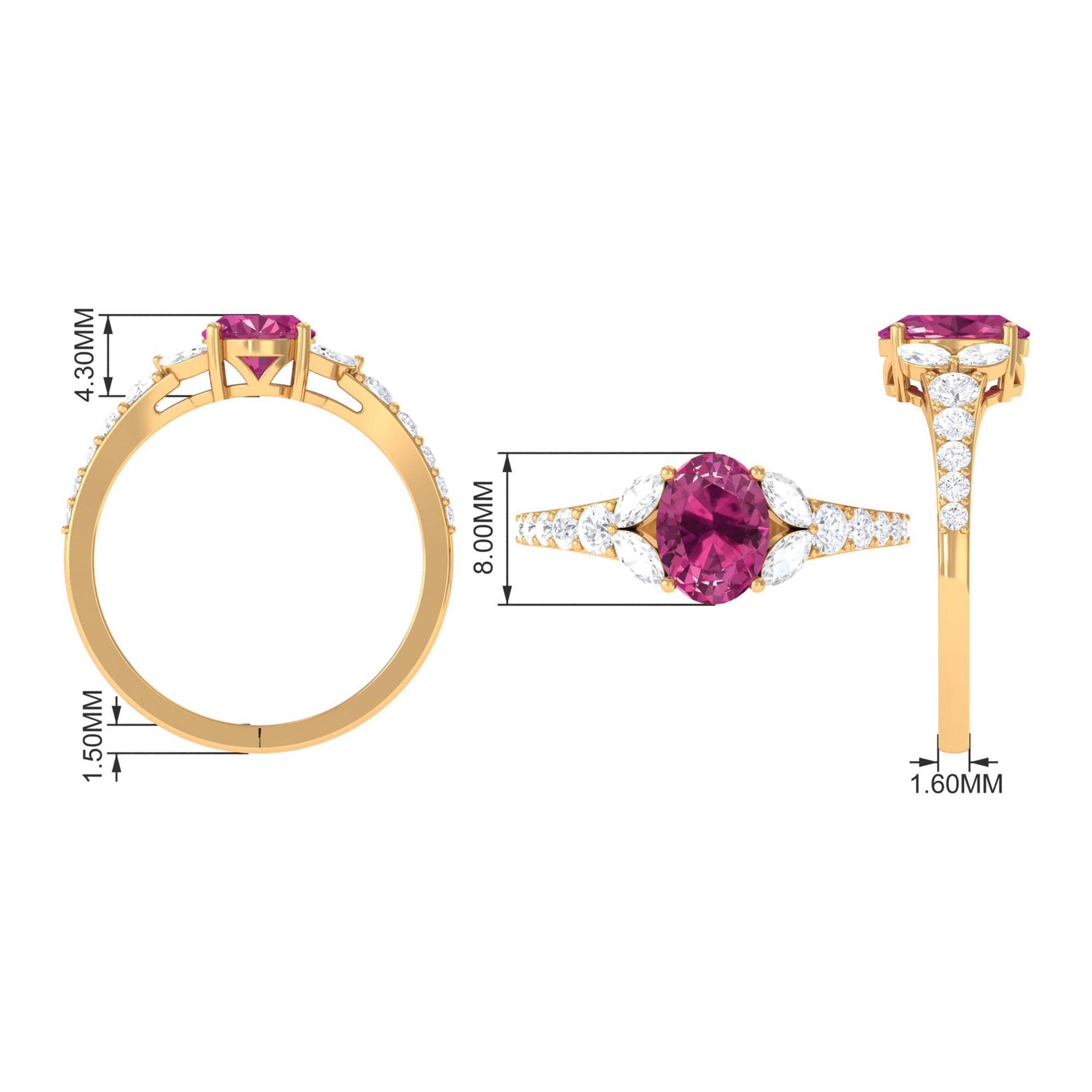 Split Shank Oval Pink Tourmaline Solitaire Engagement Ring with Moissanite Pink Tourmaline - ( AAA ) - Quality - Rosec Jewels