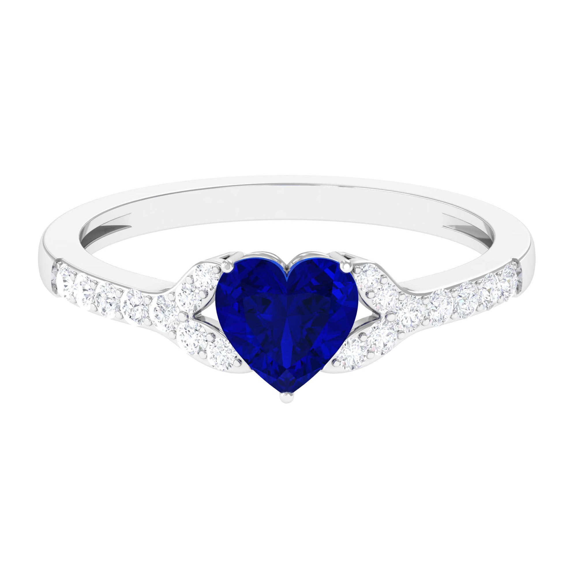 Created Blue Sapphire Heart Engagement Ring With Diamond Accent Lab Created Blue Sapphire - ( AAAA ) - Quality - Rosec Jewels