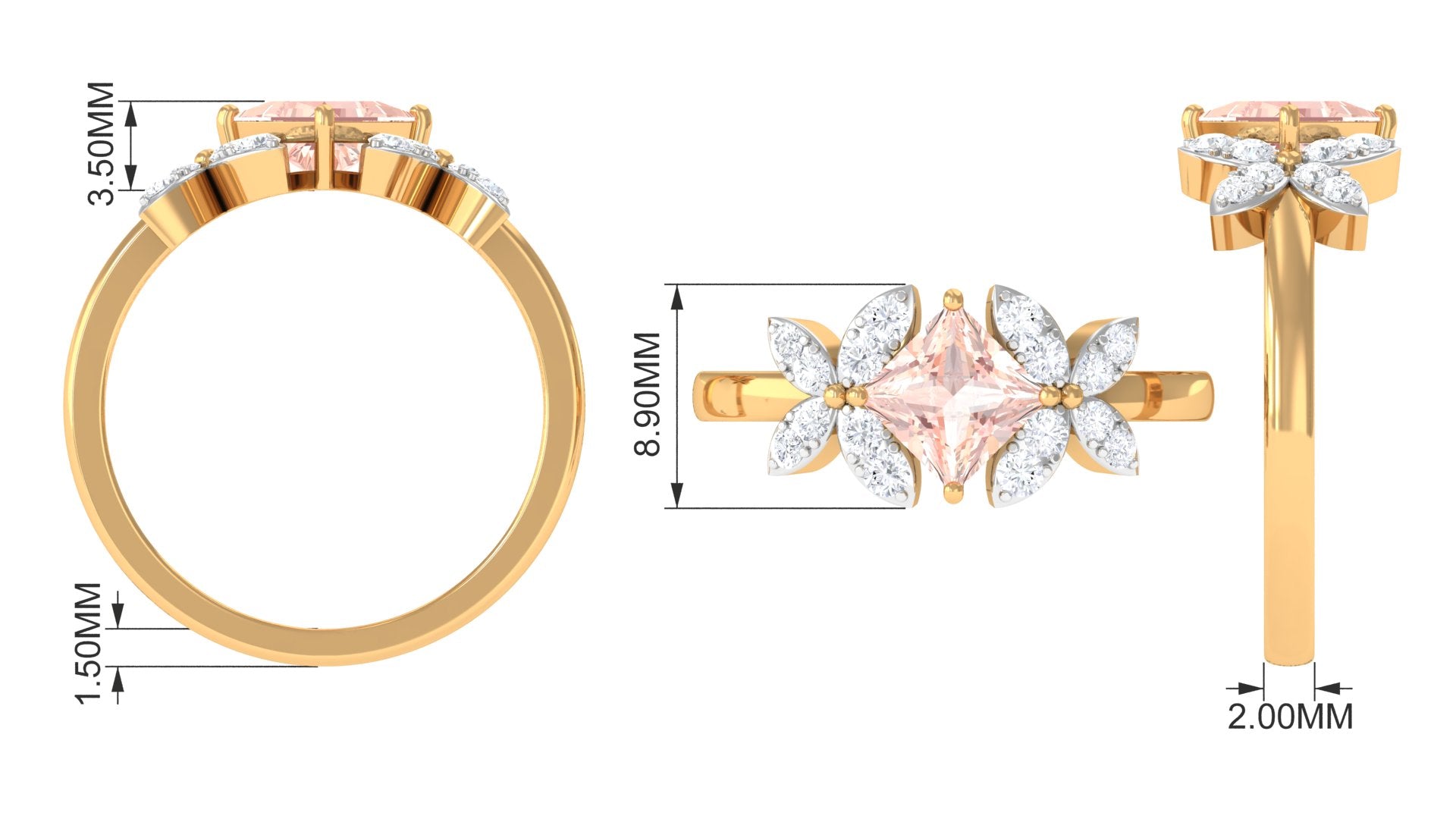 Rosec Jewels-1.25 CT Princess Cut Morganite Floral Engagement Ring with Diamond