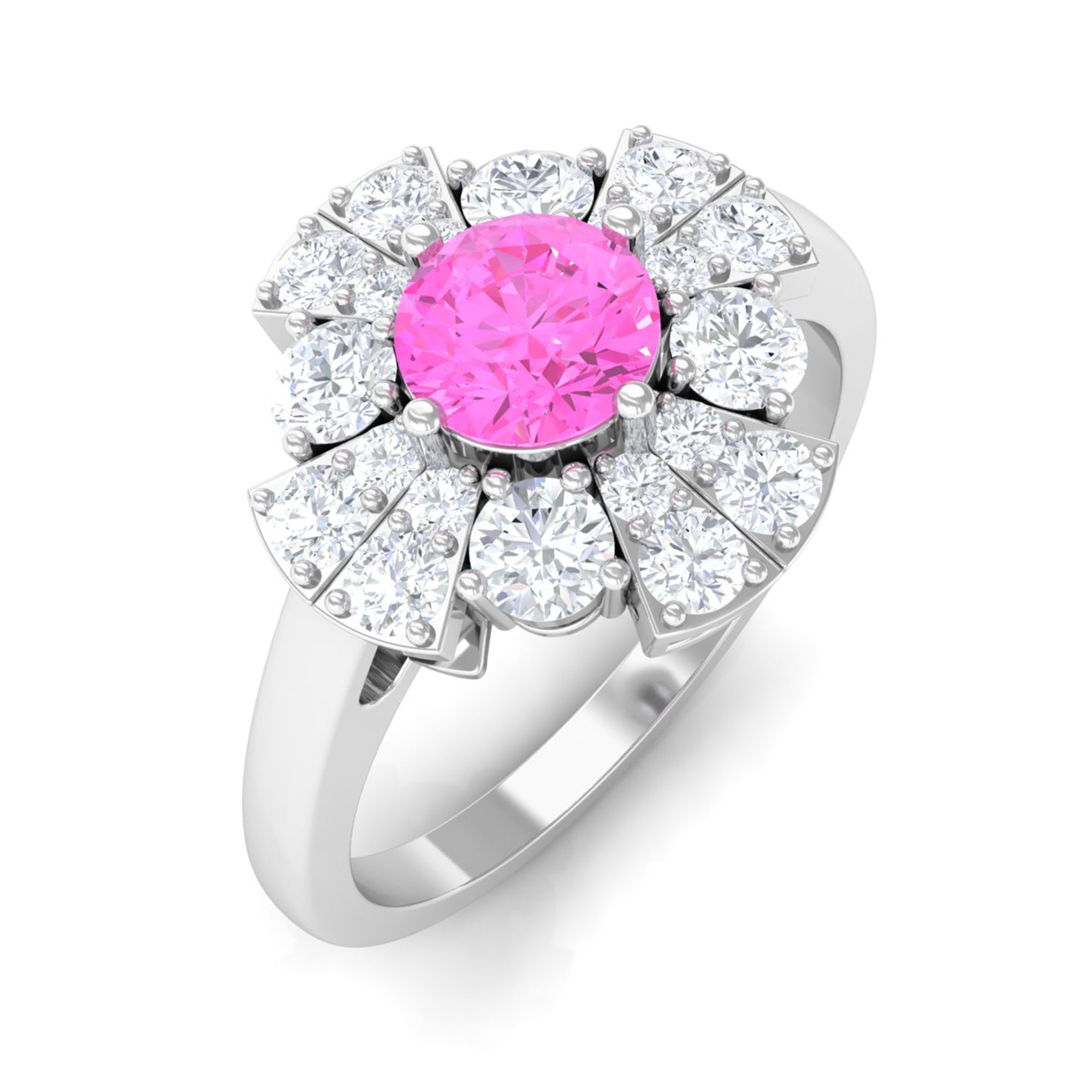 Real Pink Sapphire Flower Engagement Ring with Diamond Pink Sapphire - ( AAA ) - Quality - Rosec Jewels