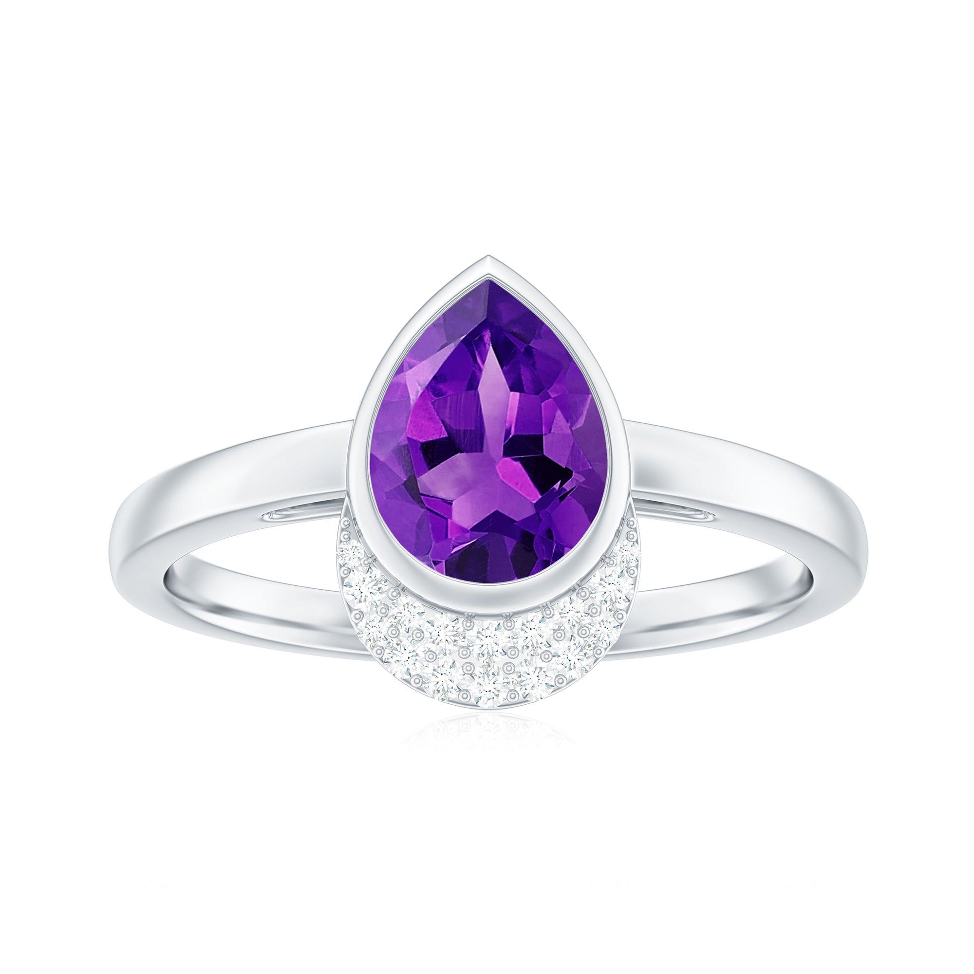 Bezel Set Amethyst Teardrop Cocktail Ring with Diamond Accent Amethyst - ( AAA ) - Quality - Rosec Jewels