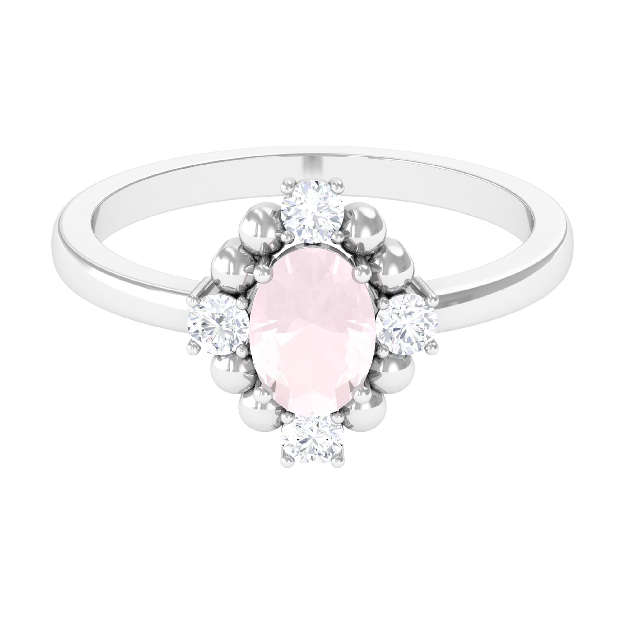 Oval Rose Quartz Cocktail Ring with Diamond Rose Quartz - ( AAA ) - Quality - Rosec Jewels