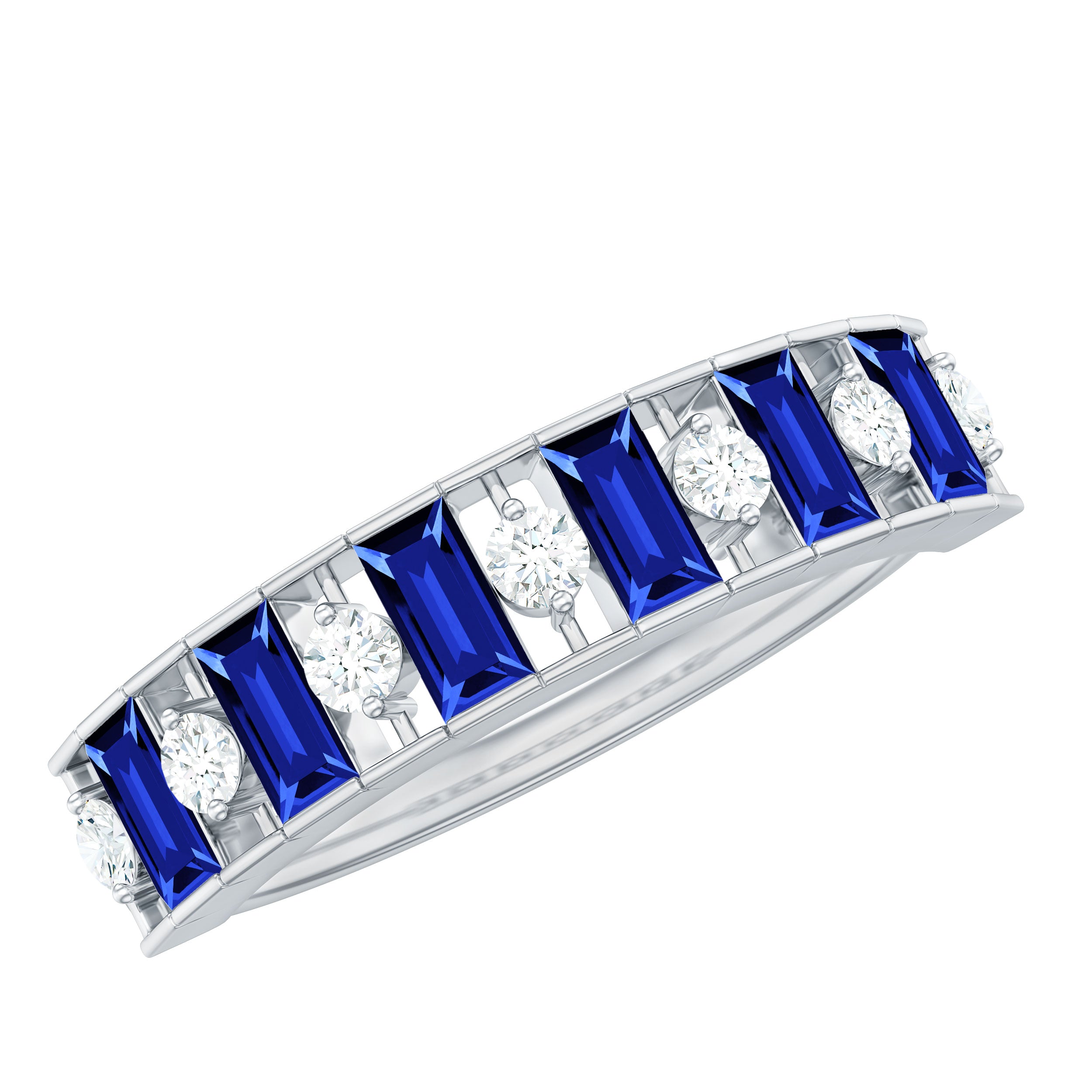 Baguette Cut Created Blue Sapphire Classic Half Eternity Ring with Diamond Lab Created Blue Sapphire - ( AAAA ) - Quality - Rosec Jewels
