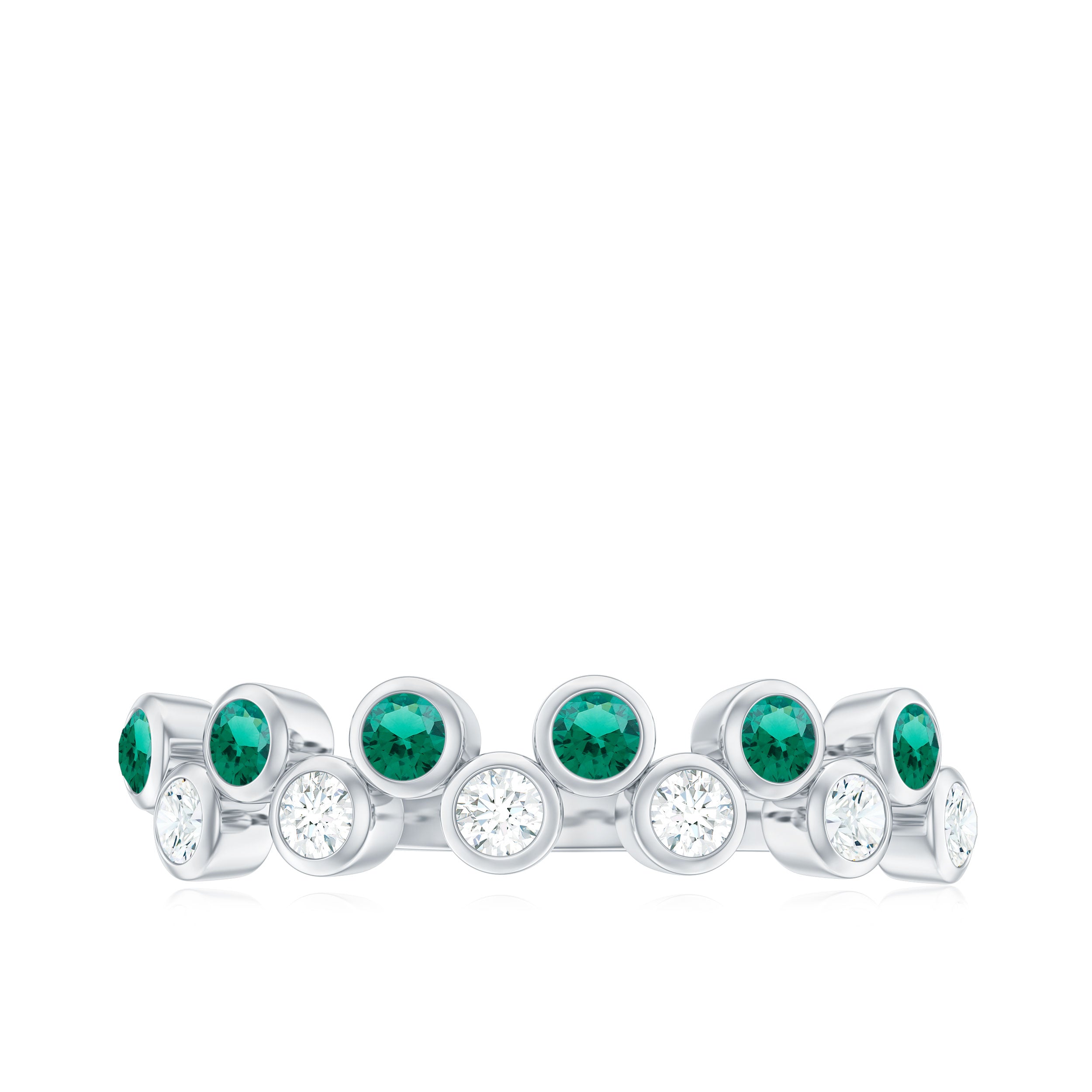 Simple Bezel Set Round Created Emerald and Moissanite Half Eternity Ring Lab Created Emerald - ( AAAA ) - Quality - Rosec Jewels