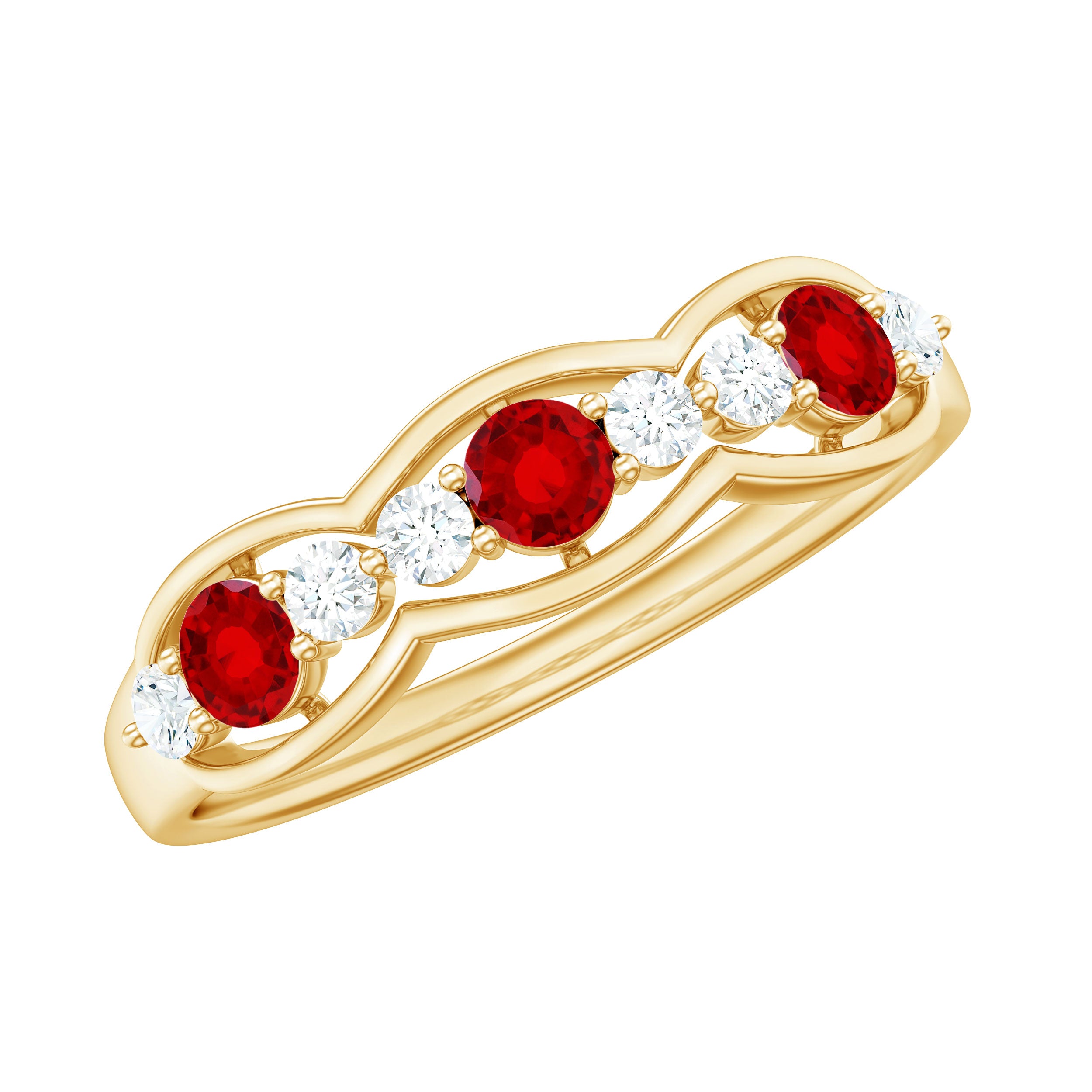 Round Shape Certified Created Ruby and Diamond Anniversary Ring Lab Created Ruby - ( AAAA ) - Quality - Rosec Jewels