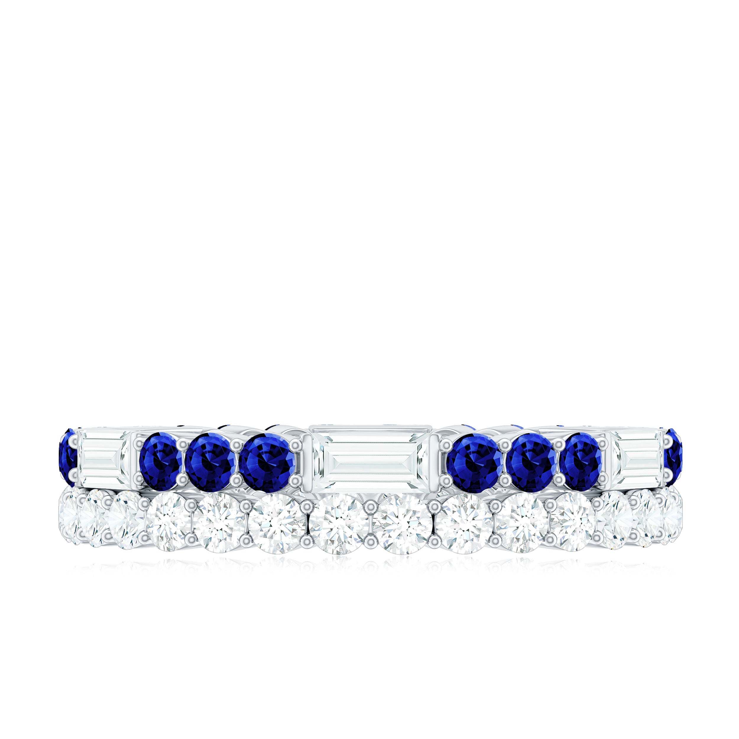 Classic Created Blue Sapphire and Moissanite Two Row Eternity Band Ring Lab Created Blue Sapphire - ( AAAA ) - Quality - Rosec Jewels