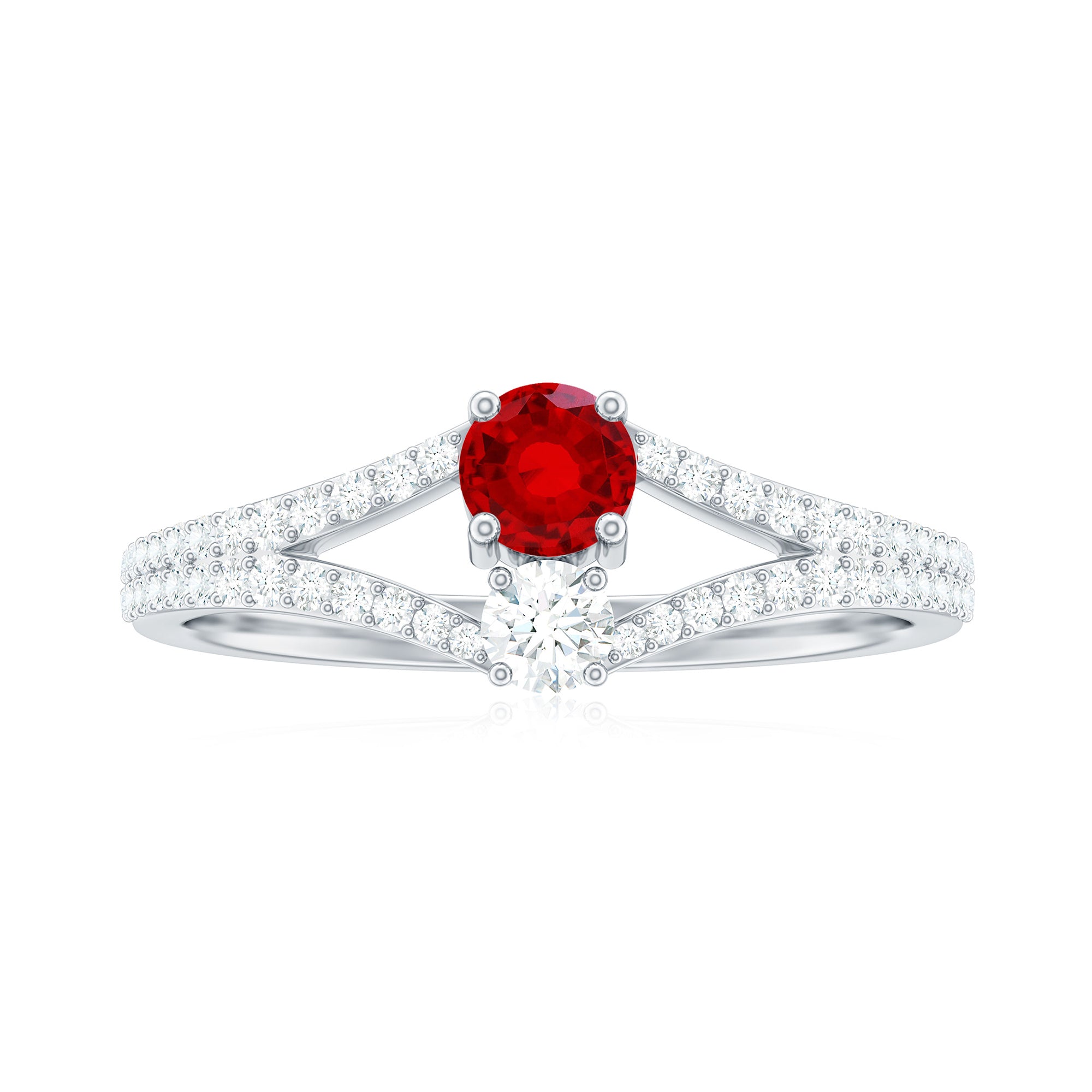 Created Ruby and Diamond Two Stone Split Shank Engagement Ring Lab Created Ruby - ( AAAA ) - Quality - Rosec Jewels