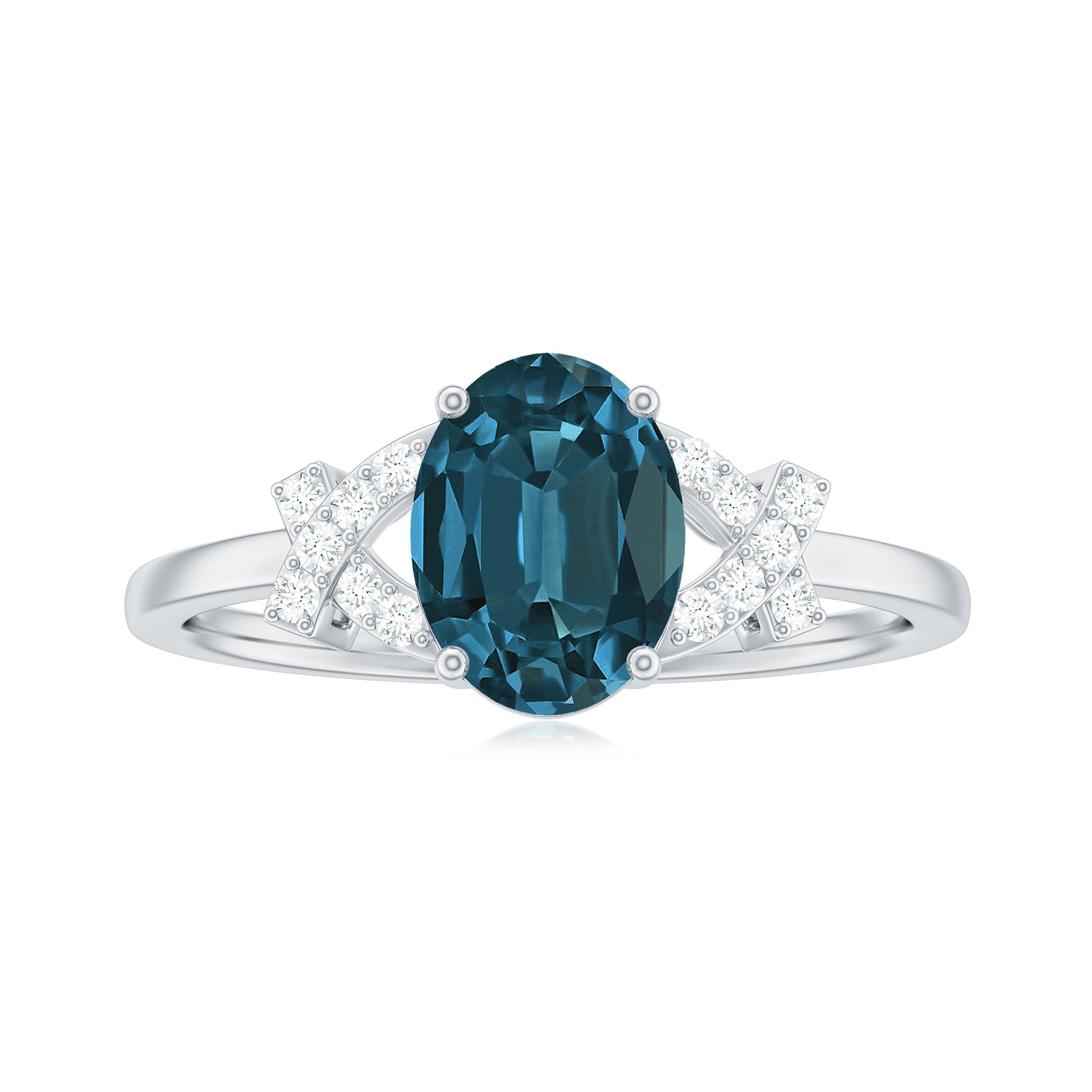 1.25 CT Oval London Blue Topaz Solitaire Split Shank Ring with Diamond London Blue Topaz - ( AAA ) - Quality - Rosec Jewels