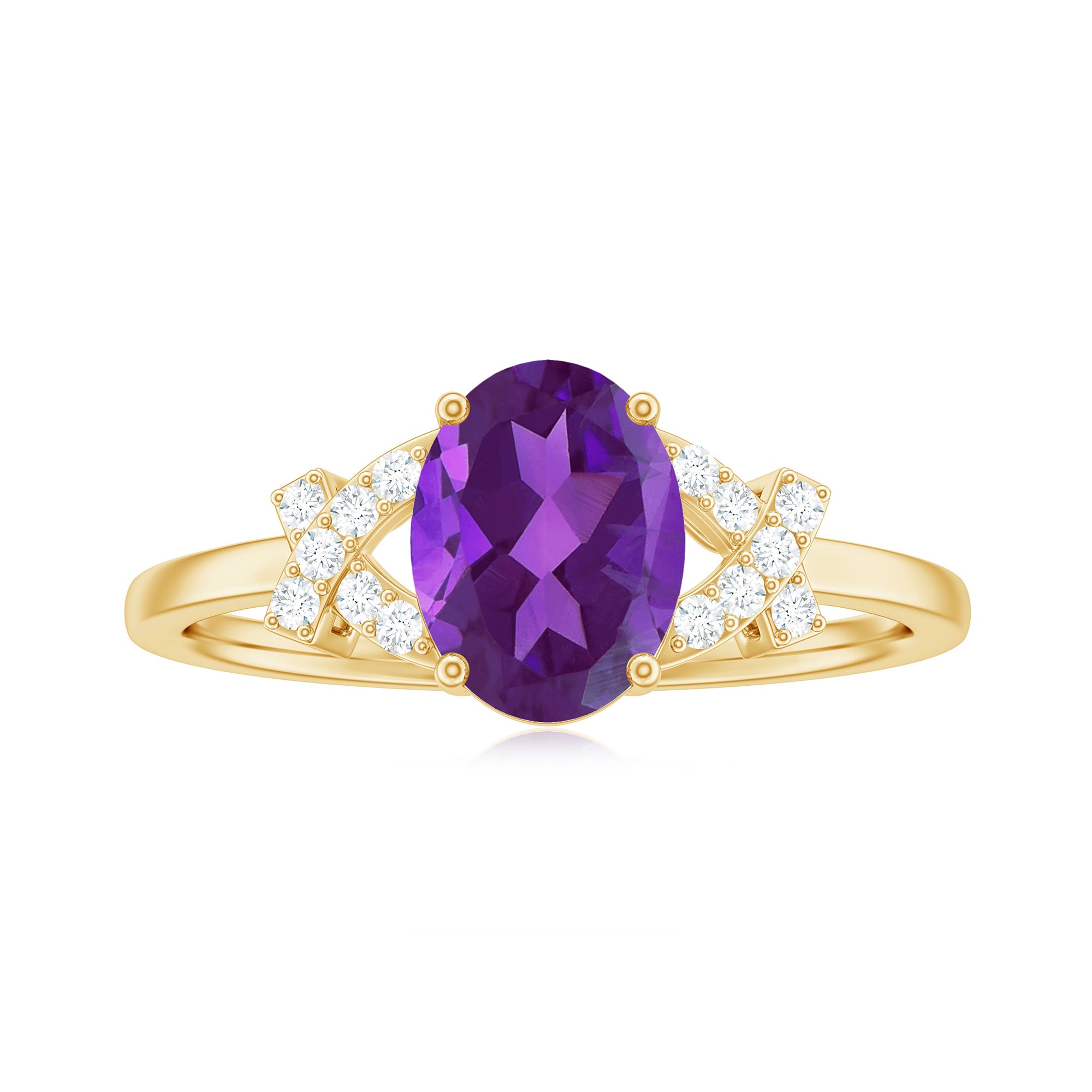 Oval Amethyst Solitaire Ring with Diamond in Split Shank Amethyst - ( AAA ) - Quality - Rosec Jewels