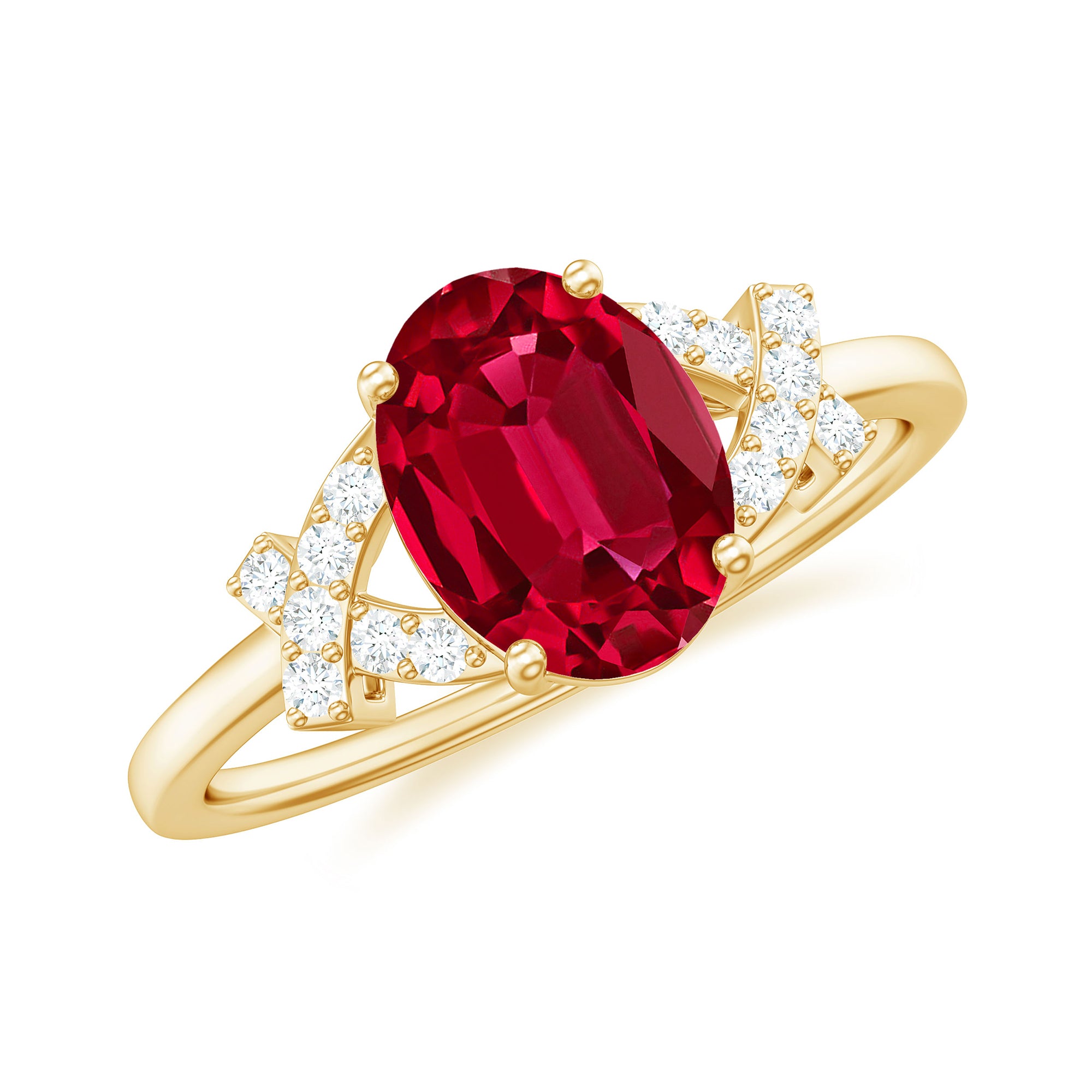 Oval Shape Lab Grown Ruby Solitaire Split Shank Ring with Diamond Lab Created Ruby - ( AAAA ) - Quality - Rosec Jewels