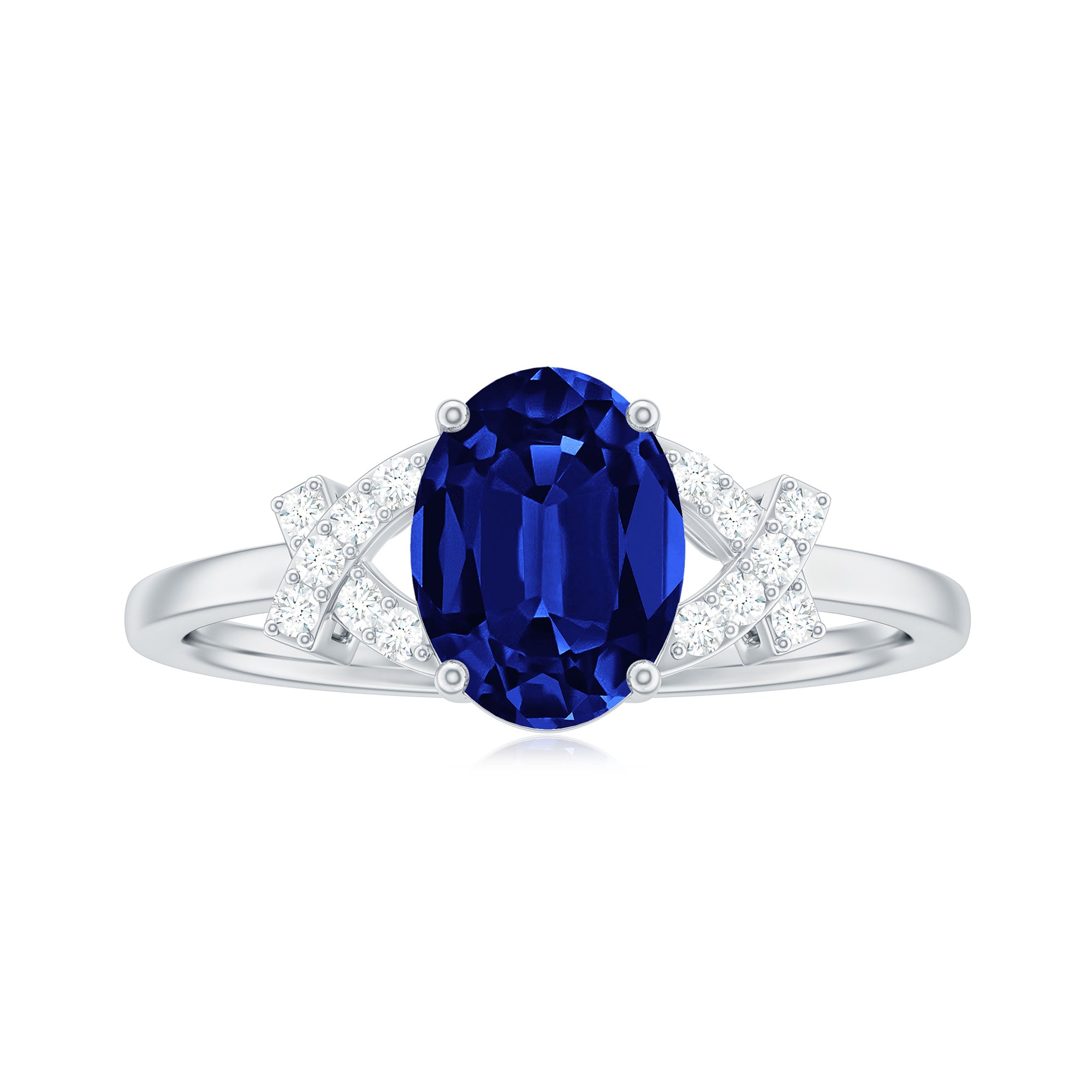 Split Shank Oval Created Blue Sapphire and Diamond Solitaire Engagement Ring Lab Created Blue Sapphire - ( AAAA ) - Quality - Rosec Jewels