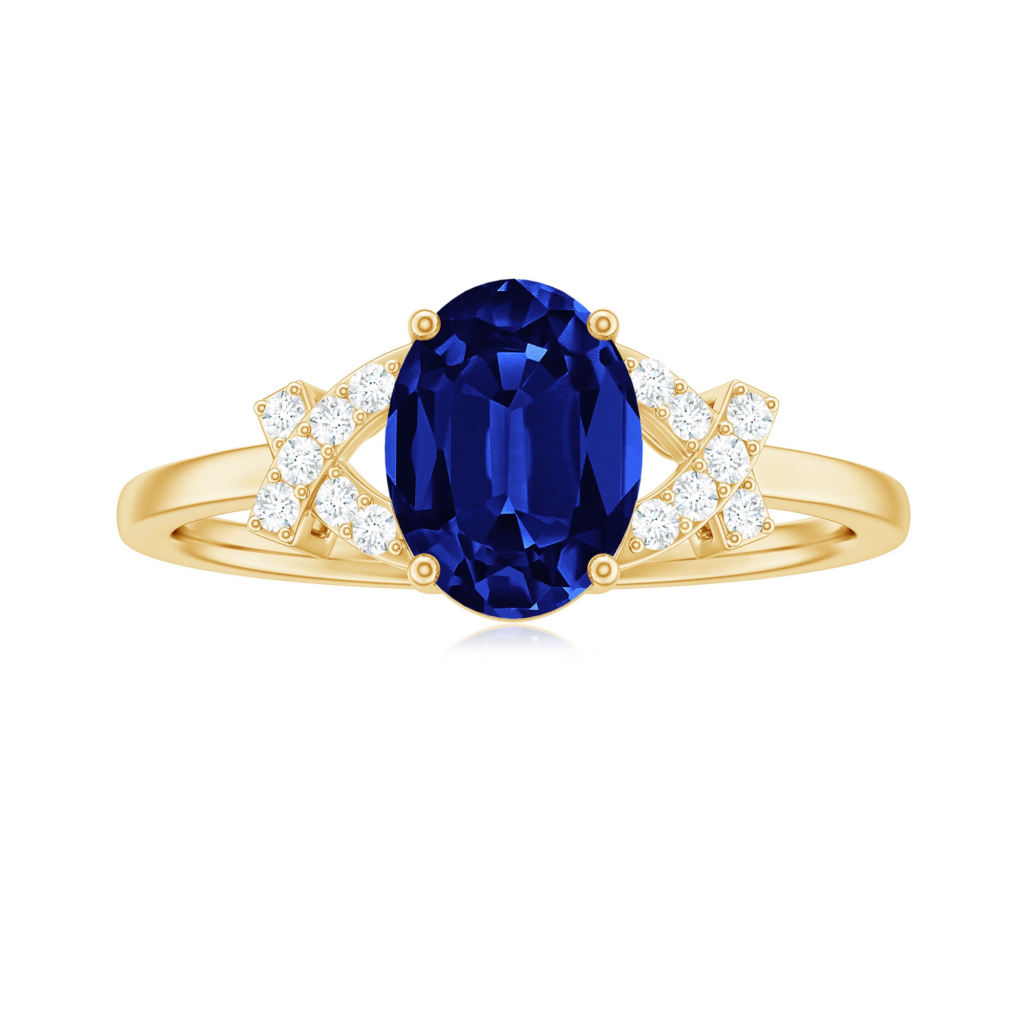 Split Shank Oval Created Blue Sapphire and Diamond Solitaire Engagement Ring Lab Created Blue Sapphire - ( AAAA ) - Quality - Rosec Jewels