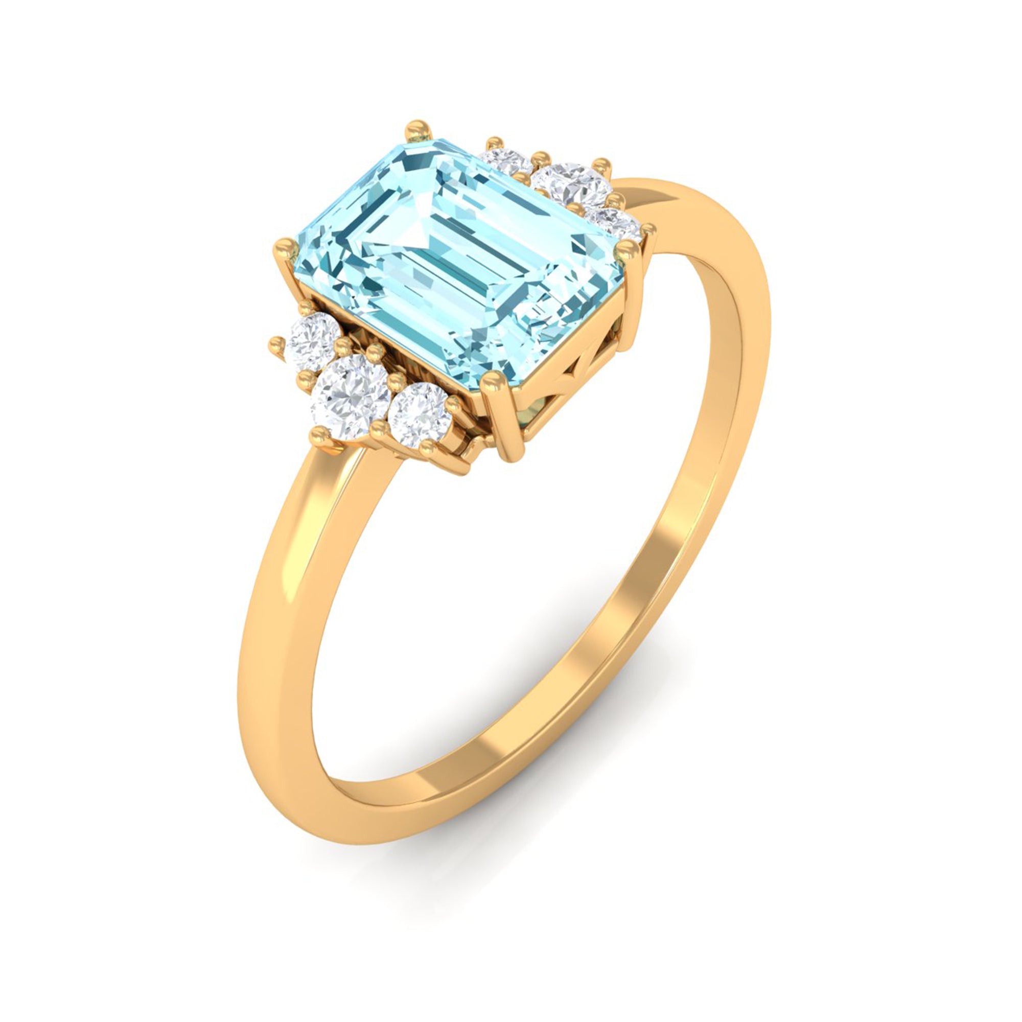 Emerald Cut Aquamarine Promise Ring with Diamond Aquamarine - ( AAA ) - Quality - Rosec Jewels