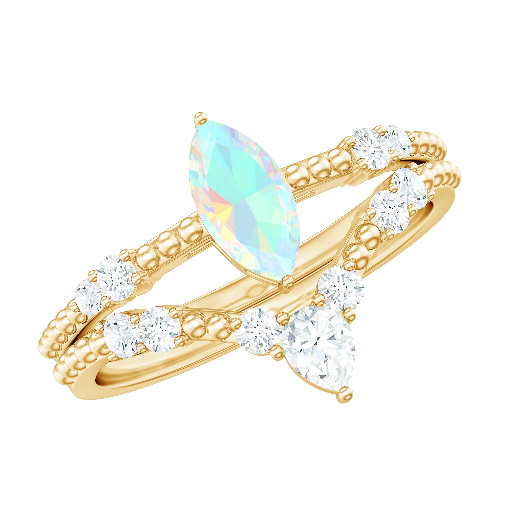 Ethiopian Opal Beaded Ring Set with Moissanite Ethiopian Opal - ( AAA ) - Quality - Rosec Jewels
