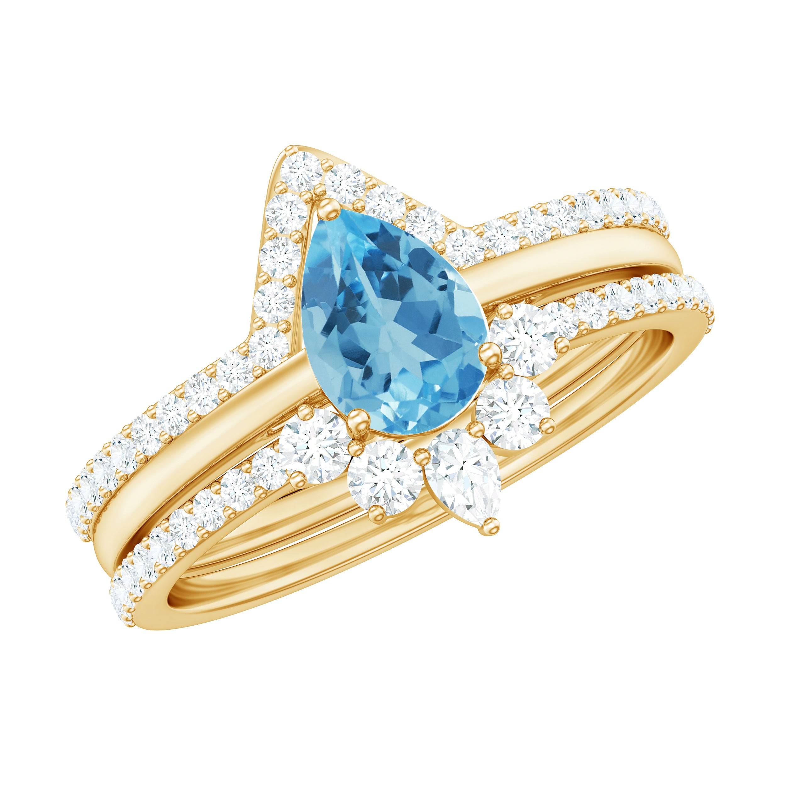 Pear Cut Swiss Blue Topaz Trio Wedding Ring Set with Moissanite Swiss Blue Topaz - ( AAA ) - Quality - Rosec Jewels