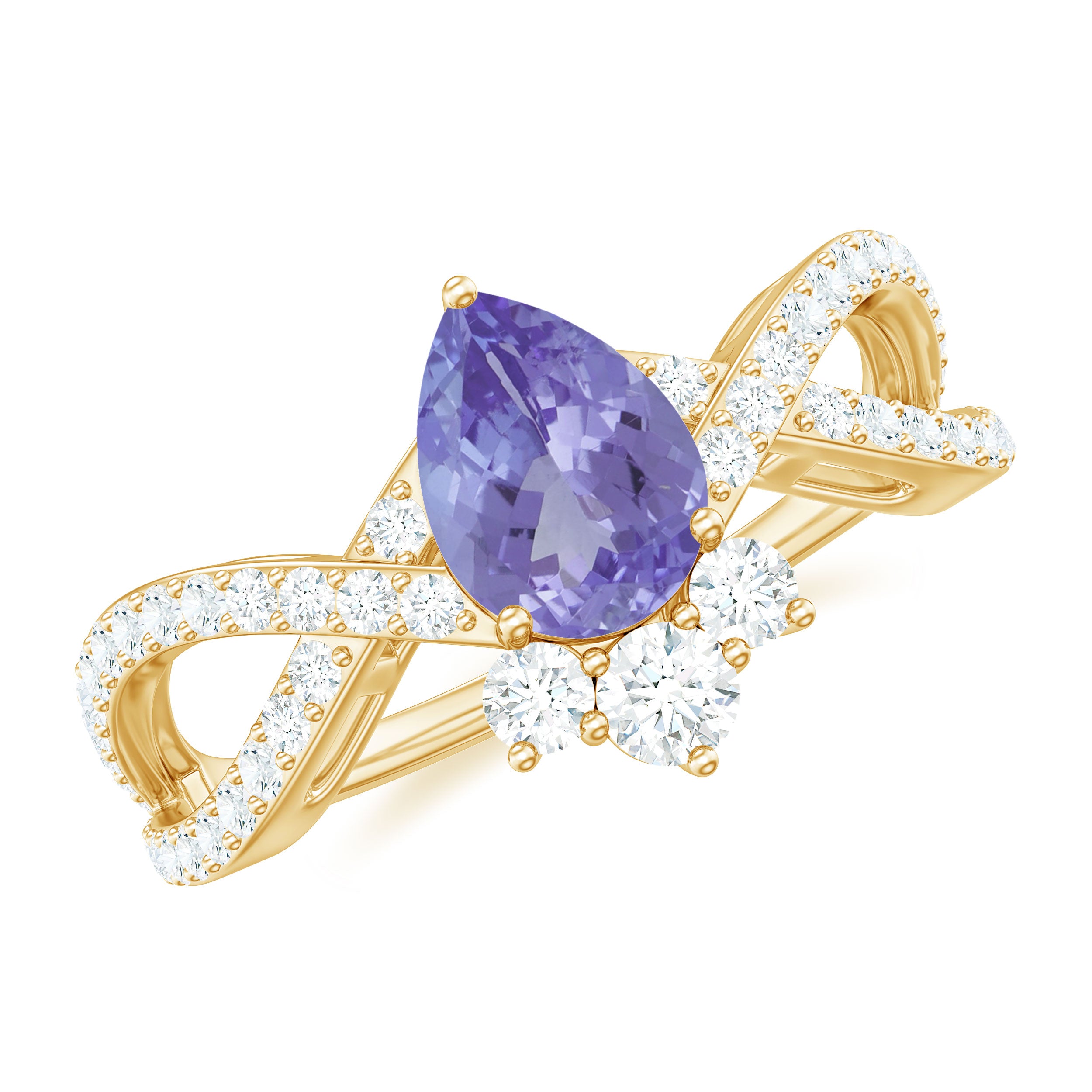 Pear Shape Tanzanite Solitaire Crossover Ring with Diamonds Tanzanite - ( AAA ) - Quality - Rosec Jewels