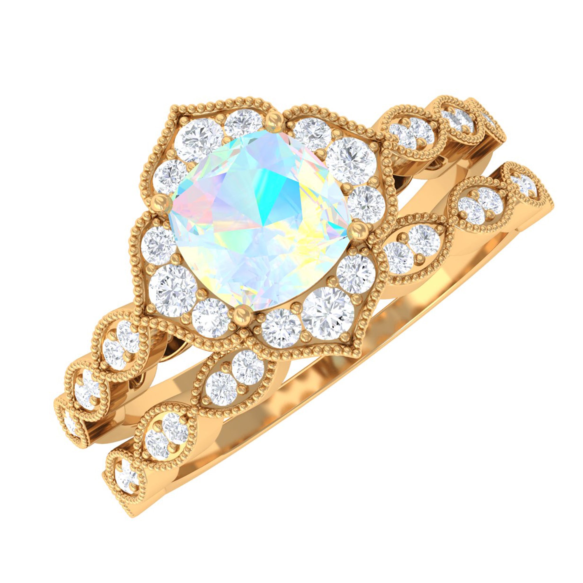 Ethiopian Opal Flower Ring Set with Diamond and Beaded Ethiopian Opal - ( AAA ) - Quality - Rosec Jewels