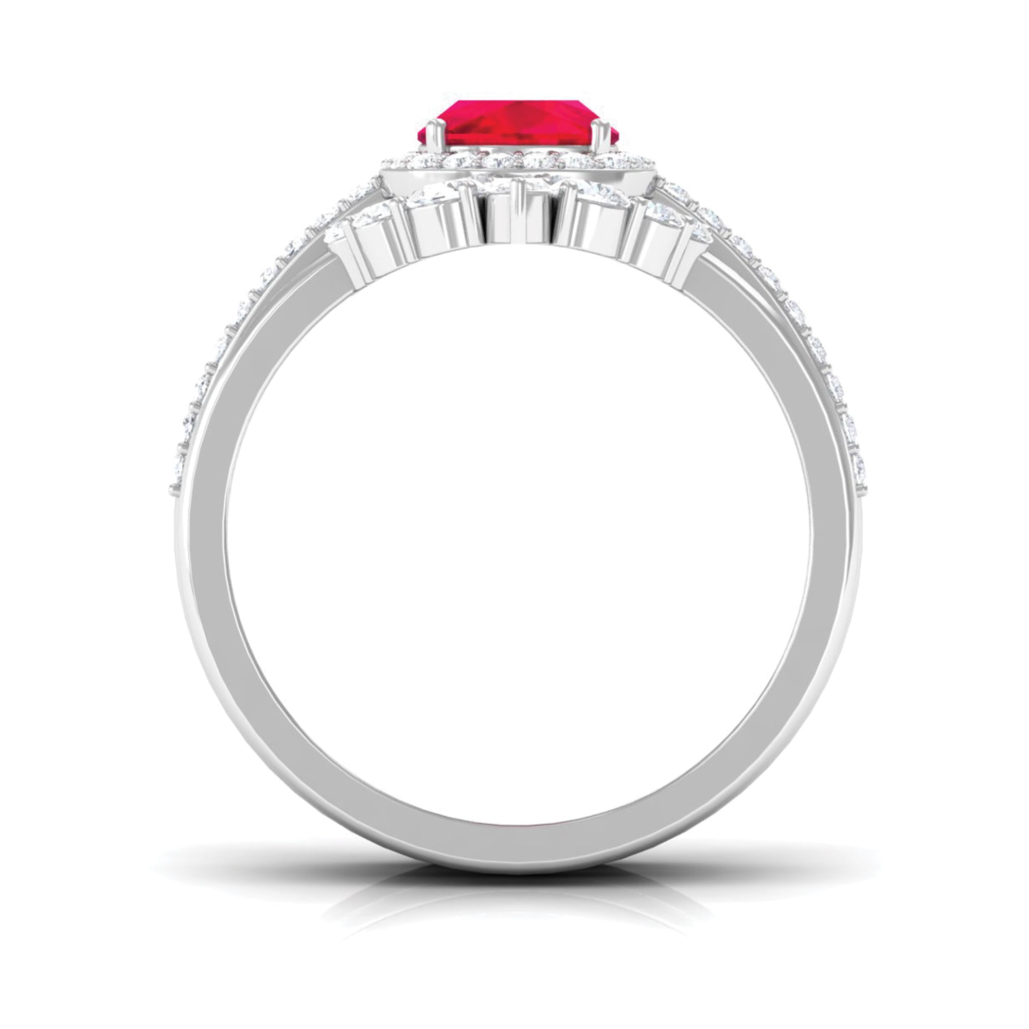 Cushion Cut Created Ruby Trio Wedding Ring Set with Moissanite Lab Created Ruby - ( AAAA ) - Quality - Rosec Jewels